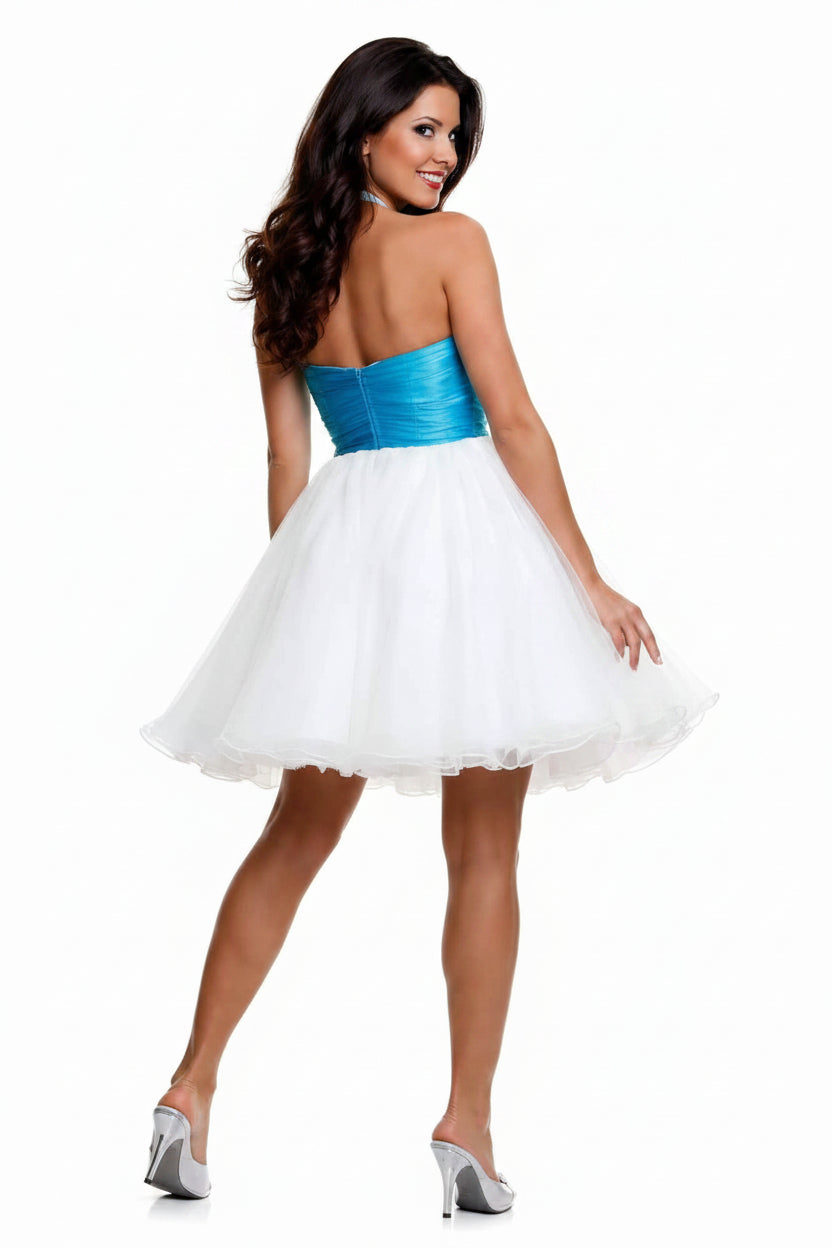 Turquoise Tulle Mini Dress – Strapless Rhinestone Structured Waist