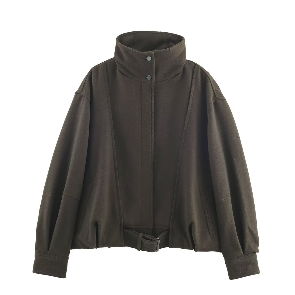 BYMANYC Women's Soho Dark Olive Belted Wool-Blend High-Collar Bomber Jacket