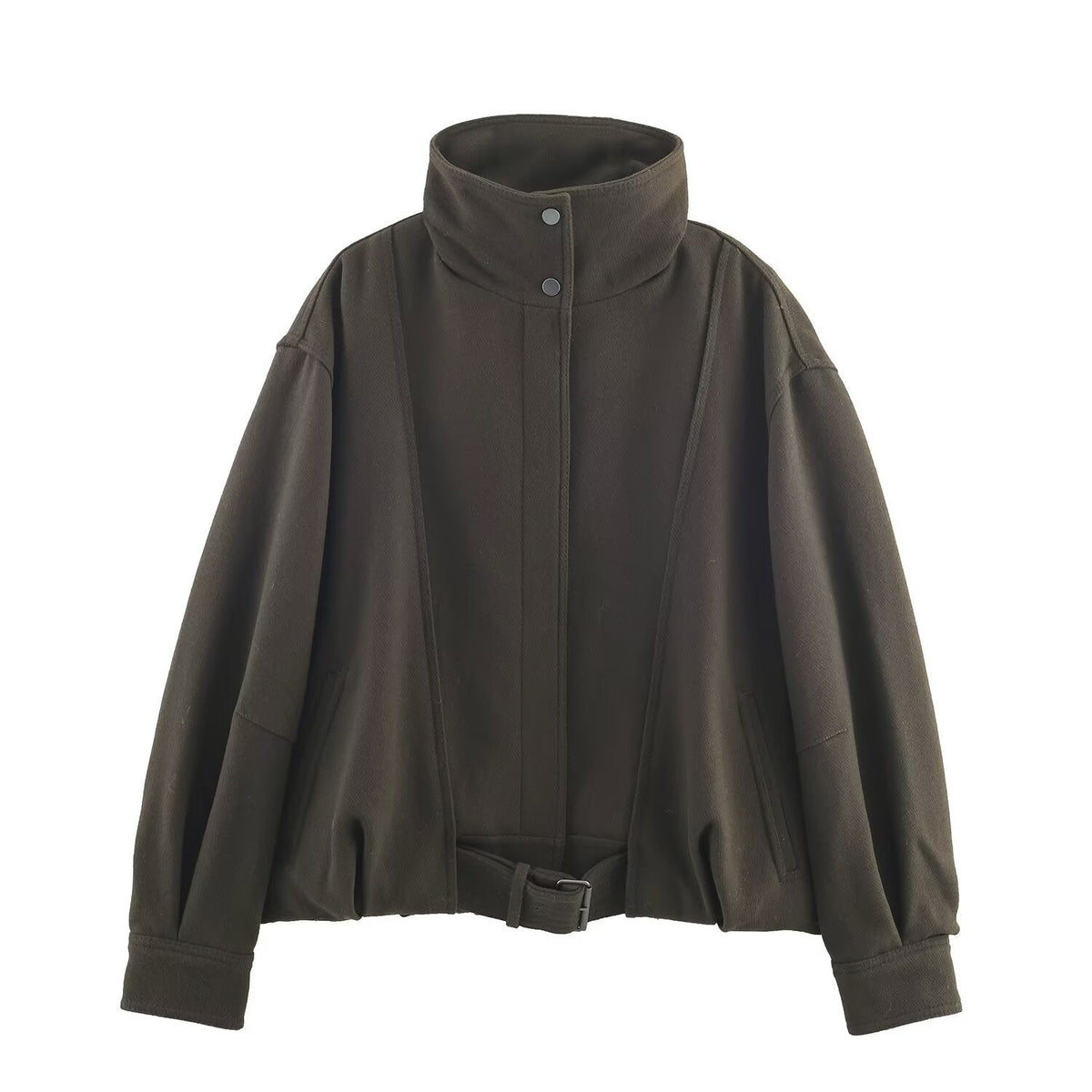 BYMANYC Women's Soho Dark Olive Belted Wool-Blend High-Collar Bomber Jacket
