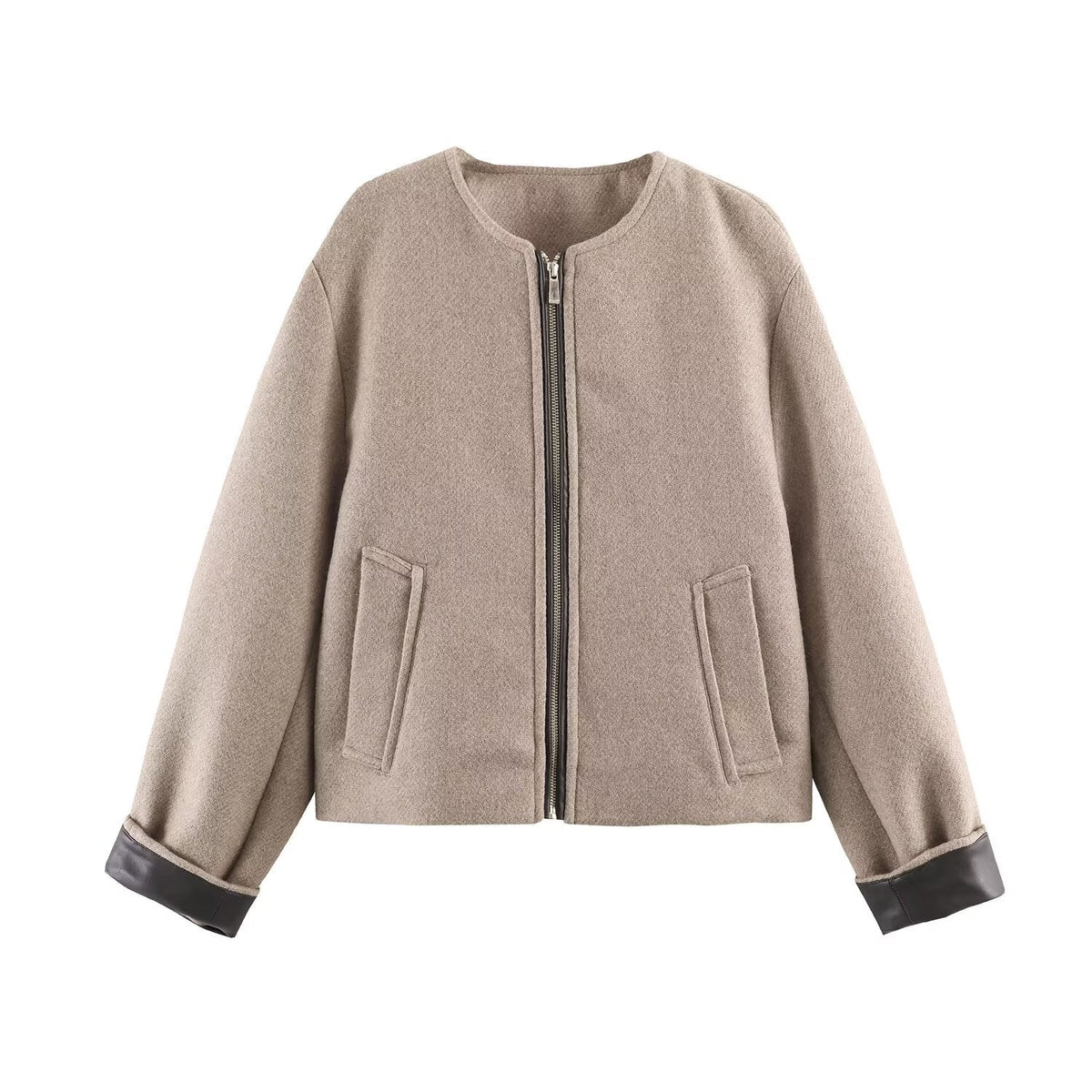 BYMANYC Women's Soho Taupe Wool-Blend Collarless Jacket with Leather Trim