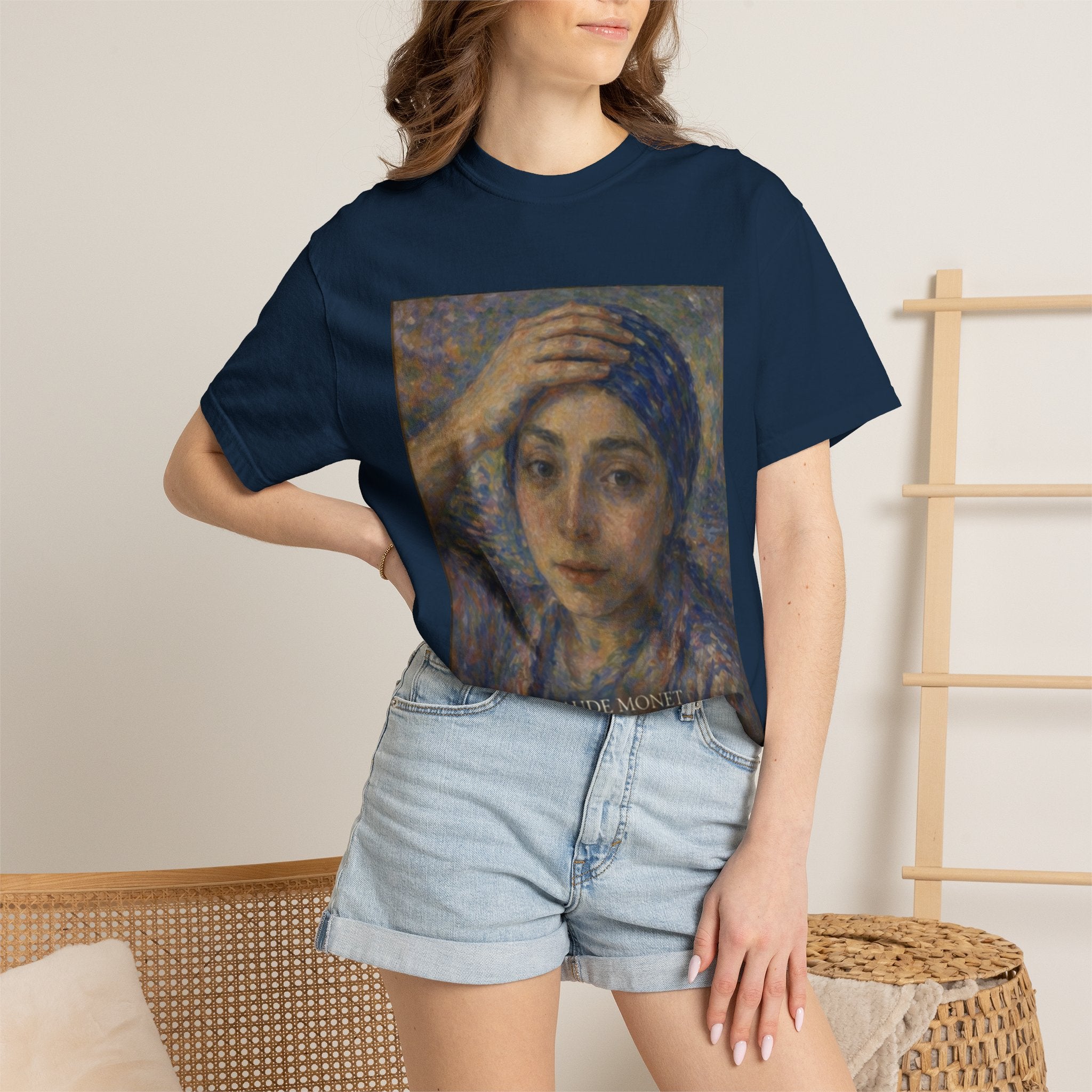 Impressionist Portrait 'Girl with the Blue Scarf' — Claude Monet Unisex Print Tee