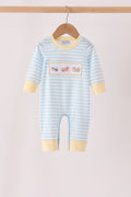 Blue airplane embroidery stripe romper