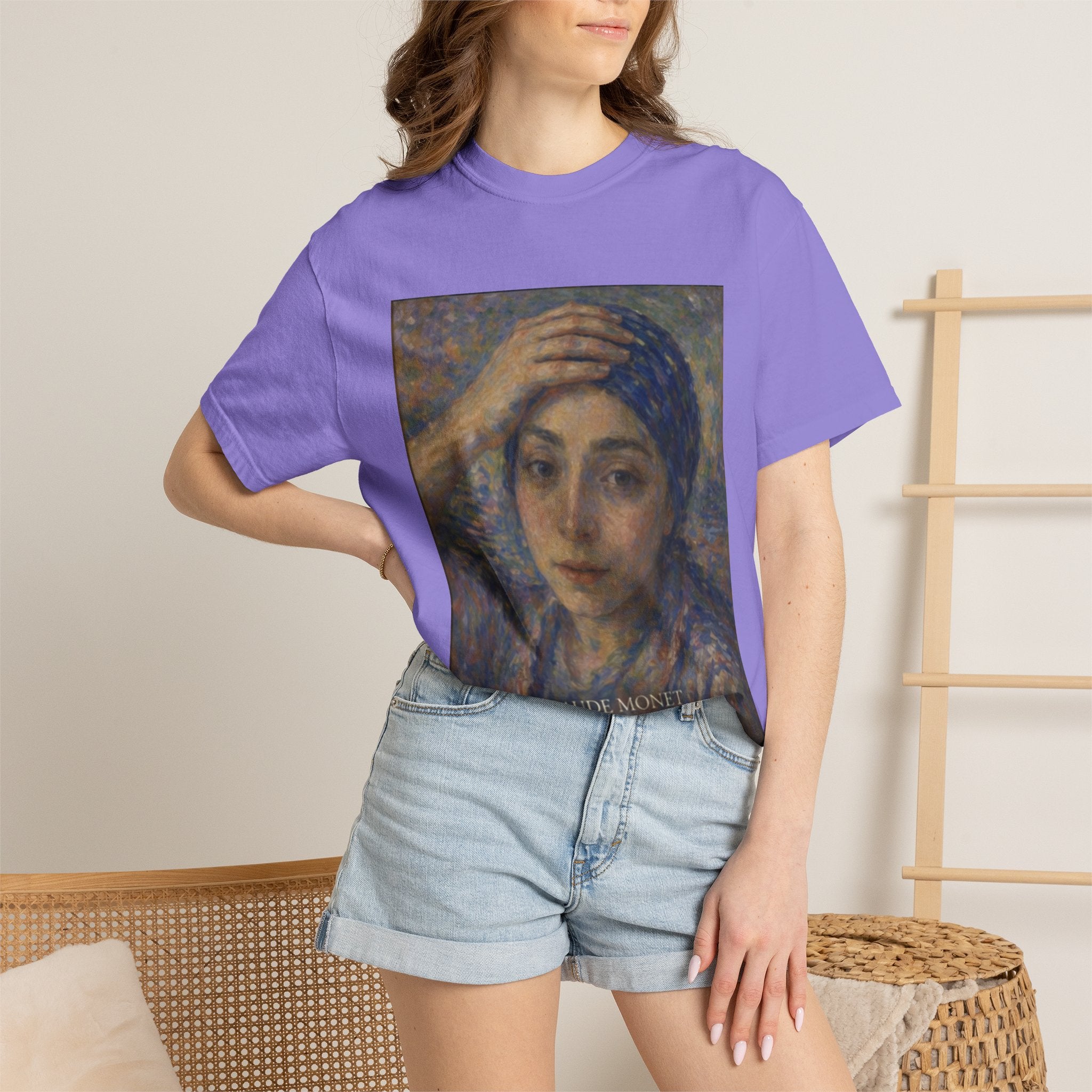 Impressionist Portrait 'Girl with the Blue Scarf' — Claude Monet Unisex Print Tee