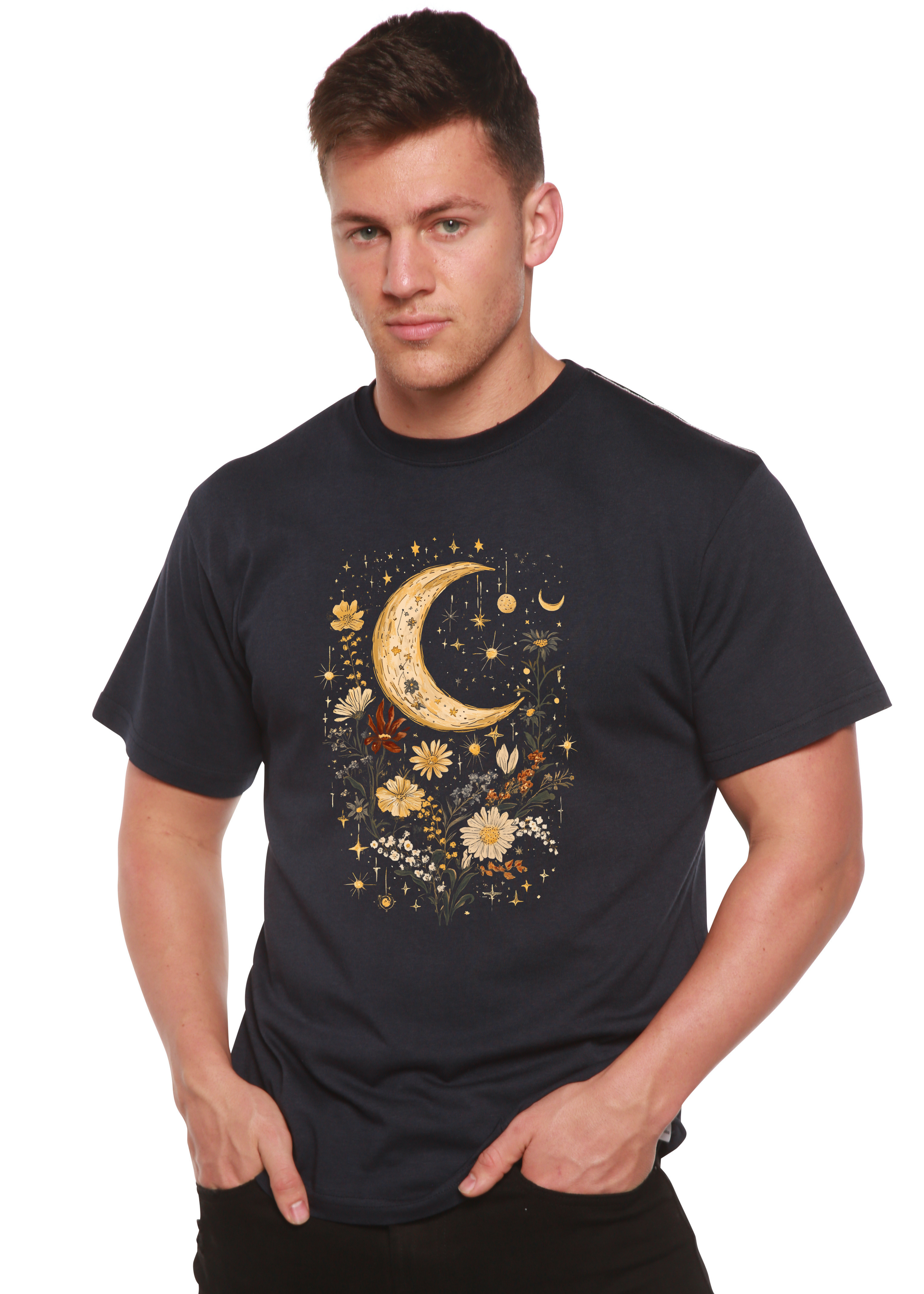 Celestial Moon Boho Flowers Vintage Unisex Bamboo/Cotton T-Shirt