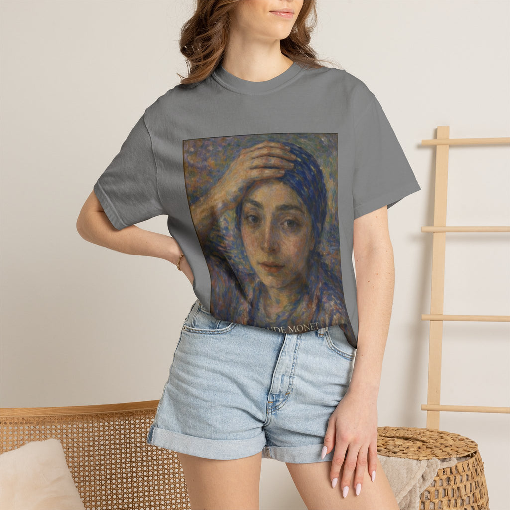 Impressionist Portrait 'Girl with the Blue Scarf' — Claude Monet Unisex Print Tee