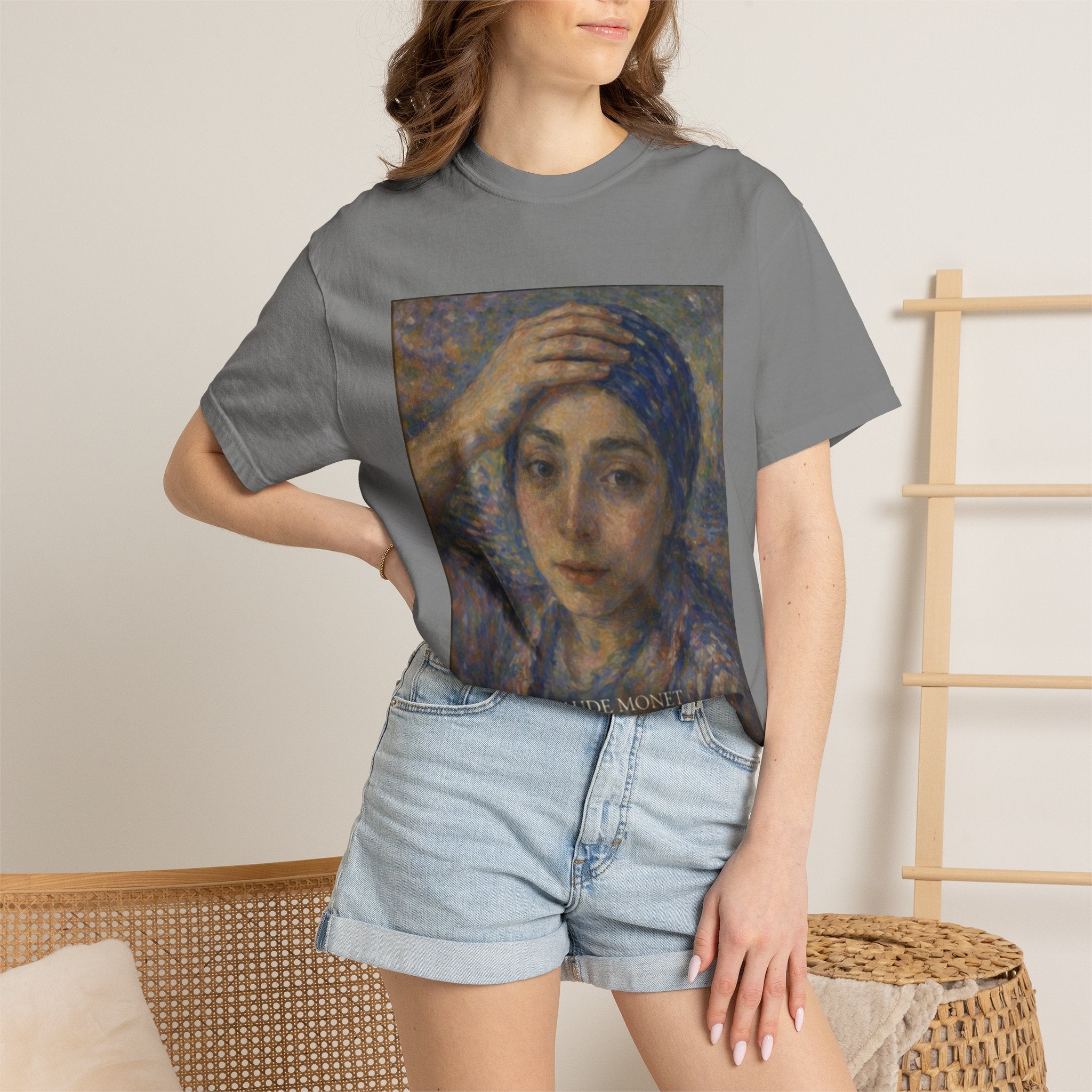 Impressionist Portrait 'Girl with the Blue Scarf' — Claude Monet Unisex Print Tee