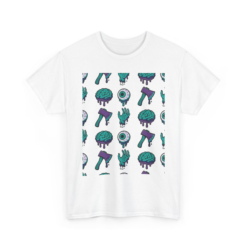 Horror Icons Pattern T-Shirt — Brains, Eyeballs & Axes Graphic Tee