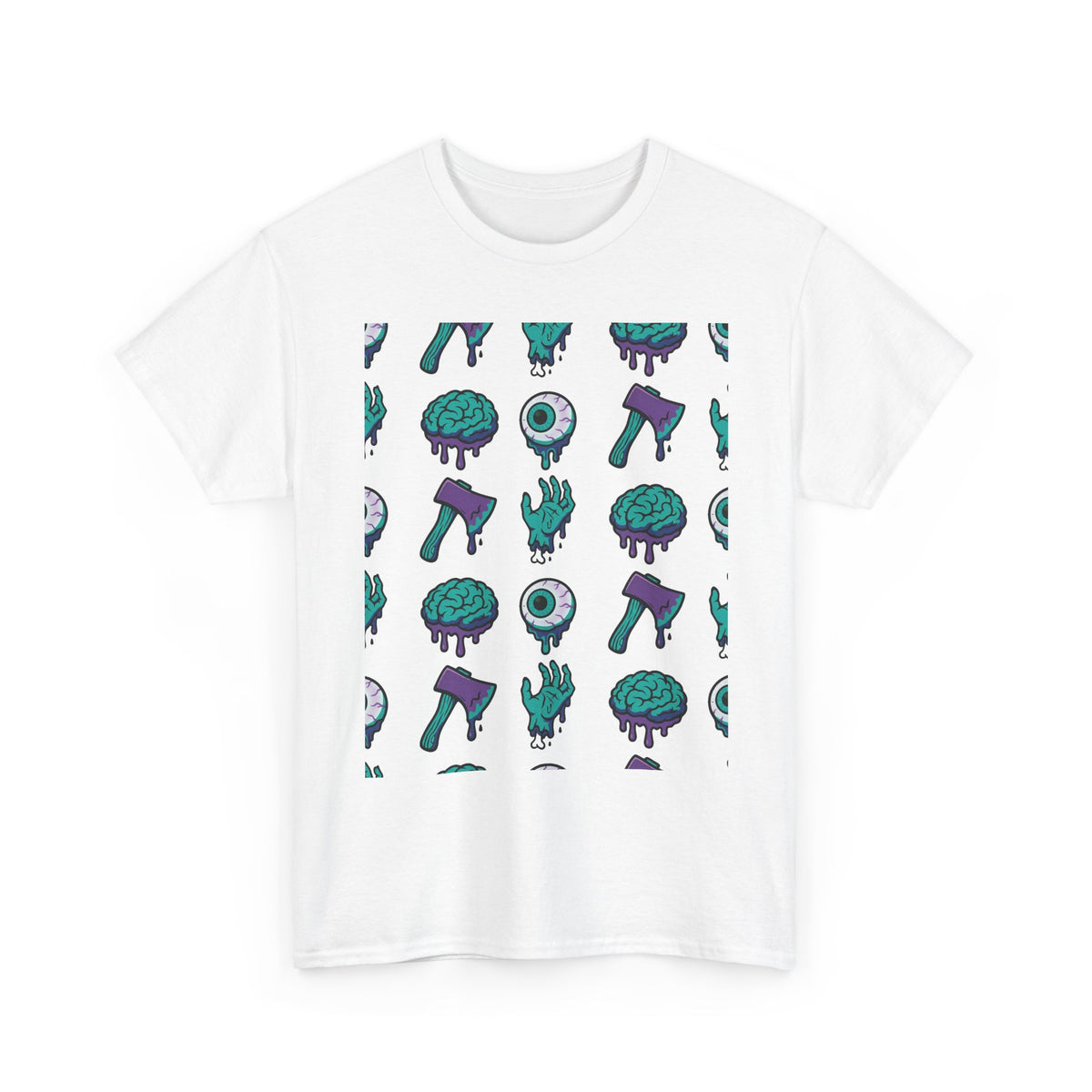 Horror Icons Pattern T-Shirt — Brains, Eyeballs & Axes Graphic Tee