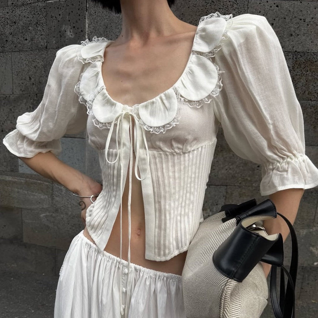 French Petal Collar Lace Slim Shirt