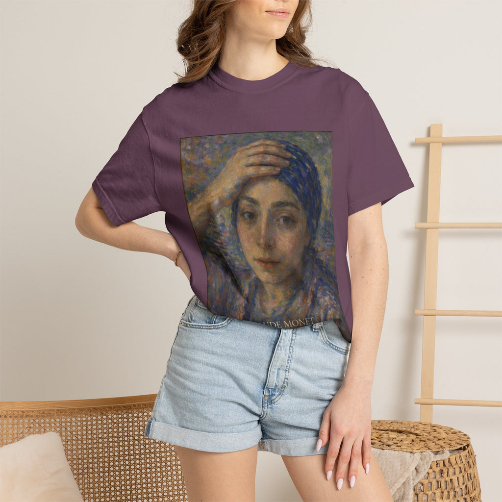 Impressionist Portrait 'Girl with the Blue Scarf' — Claude Monet Unisex Print Tee