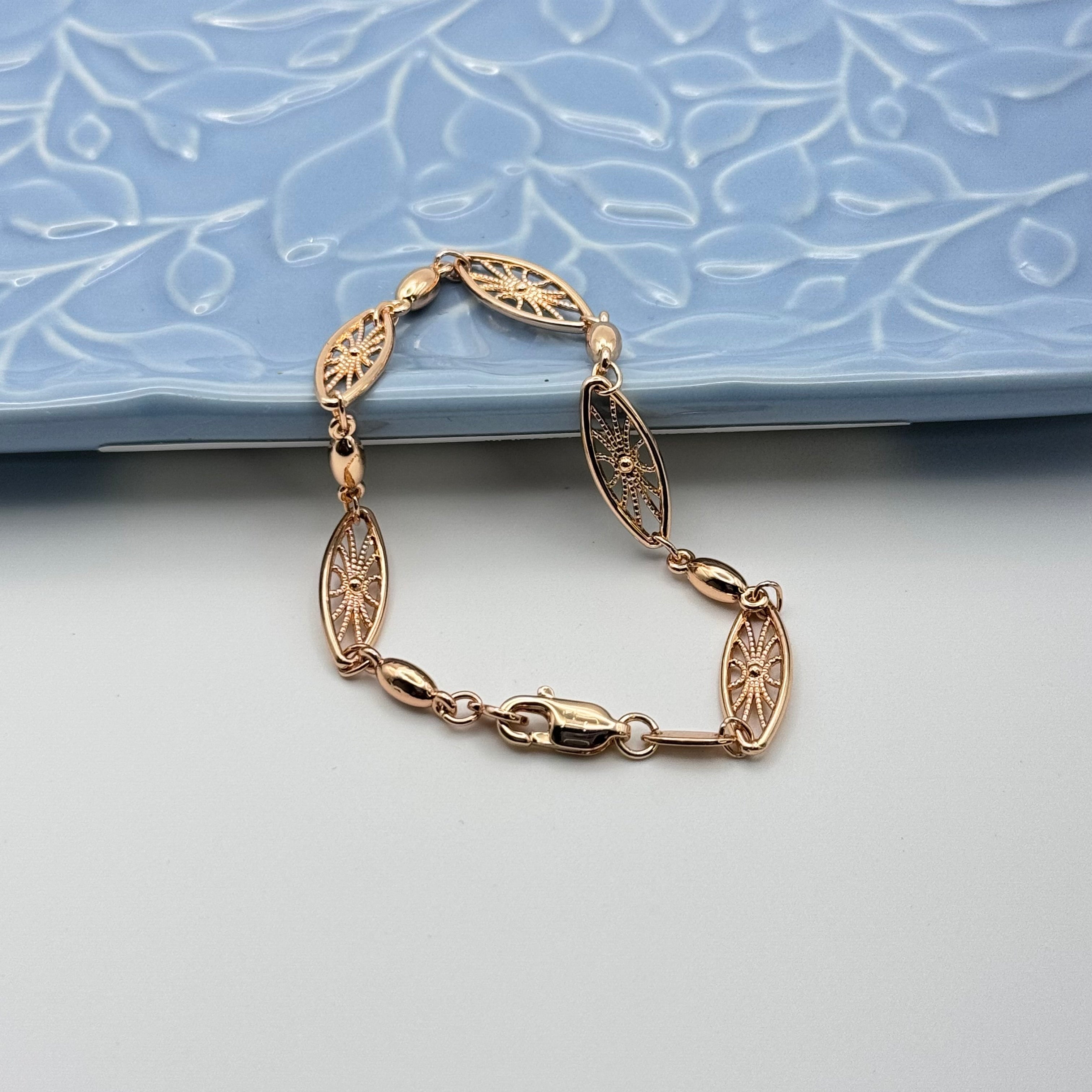 Elegant Rose Gold Filigree Bracelet - Hypoallergenic Stainless Steel Marquise Link Design | Women's | Amtikiss Casuals