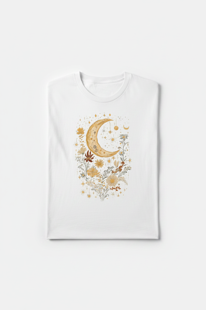 Celestial Moon Boho Flowers Vintage Unisex Bamboo/Cotton T-Shirt