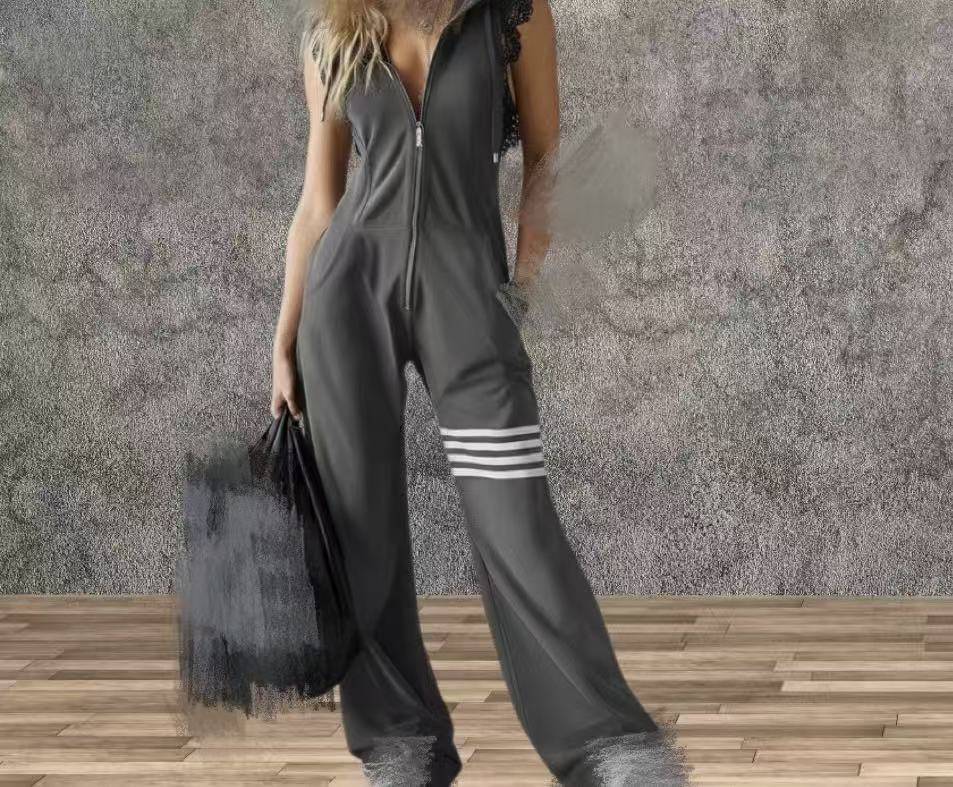Women's Sporty Retro Striped Sleeveless Hooded Jumpsuit – Wide Flare Leg