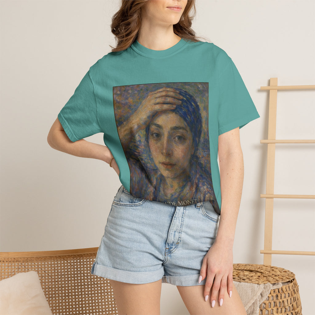 Impressionist Portrait 'Girl with the Blue Scarf' — Claude Monet Unisex Print Tee