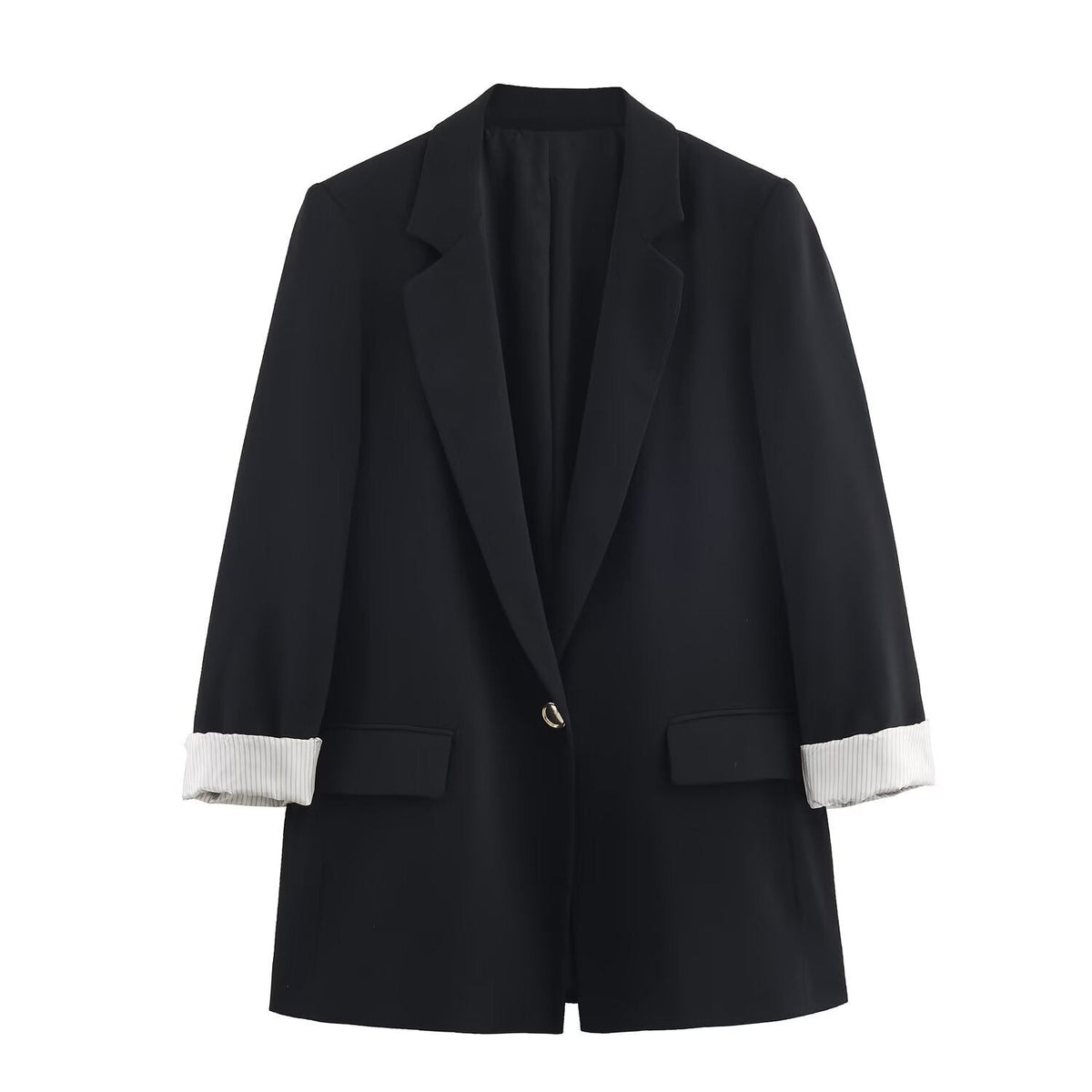 BYMANYC Women's Wall Street Oversized Black Blazer with Striped Cuffs
