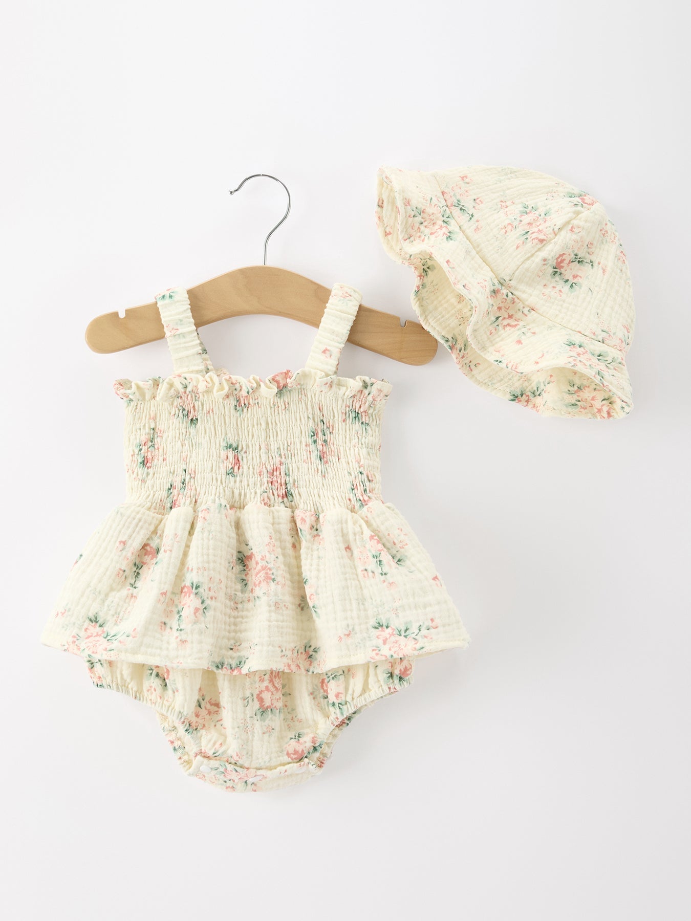 Muslin Summer Floral Print Smocked Baby Girl Romper Set Hat