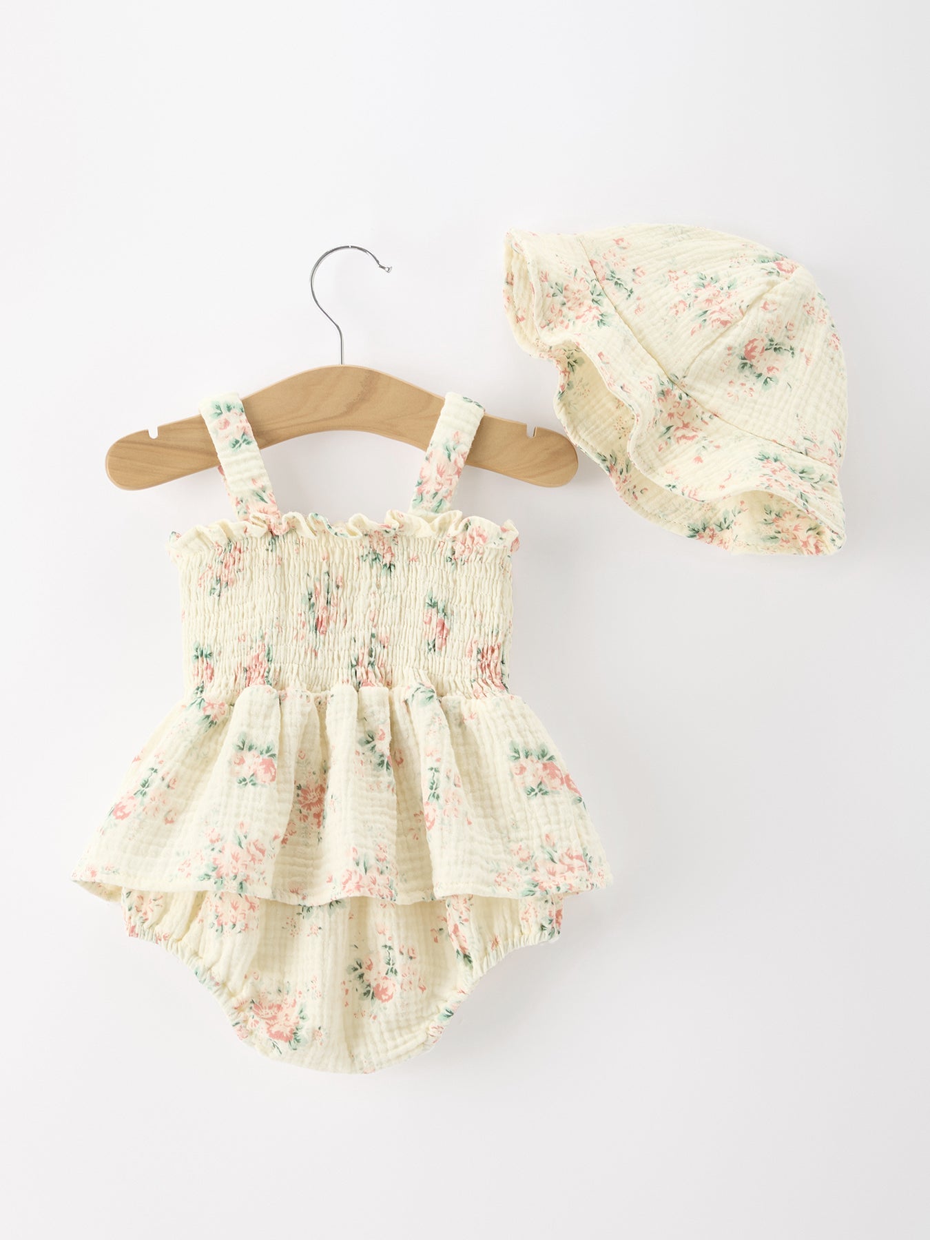 Muslin Summer Floral Print Smocked Baby Girl Romper Set Hat