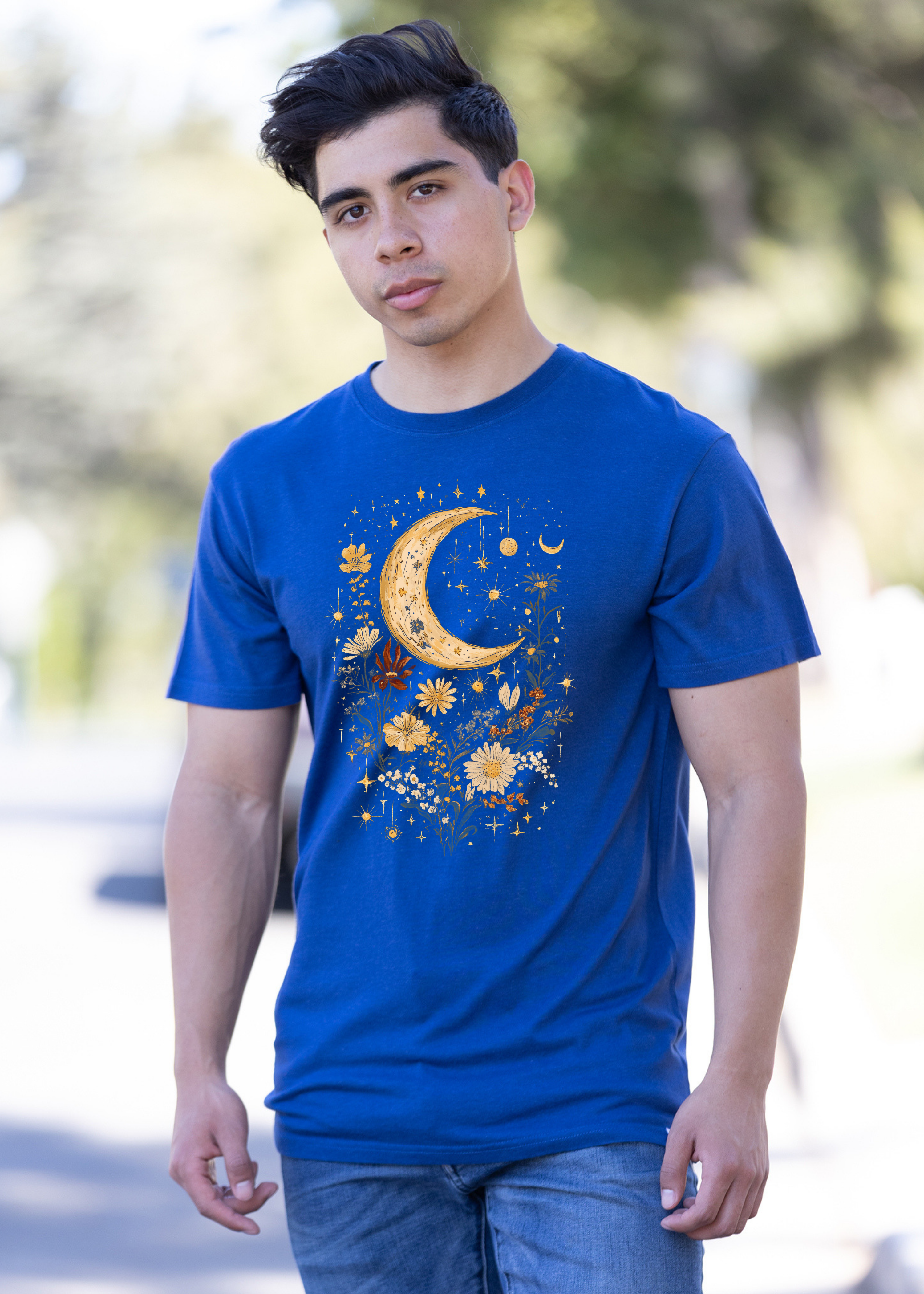 Celestial Moon Boho Flowers Vintage Unisex Bamboo/Cotton T-Shirt