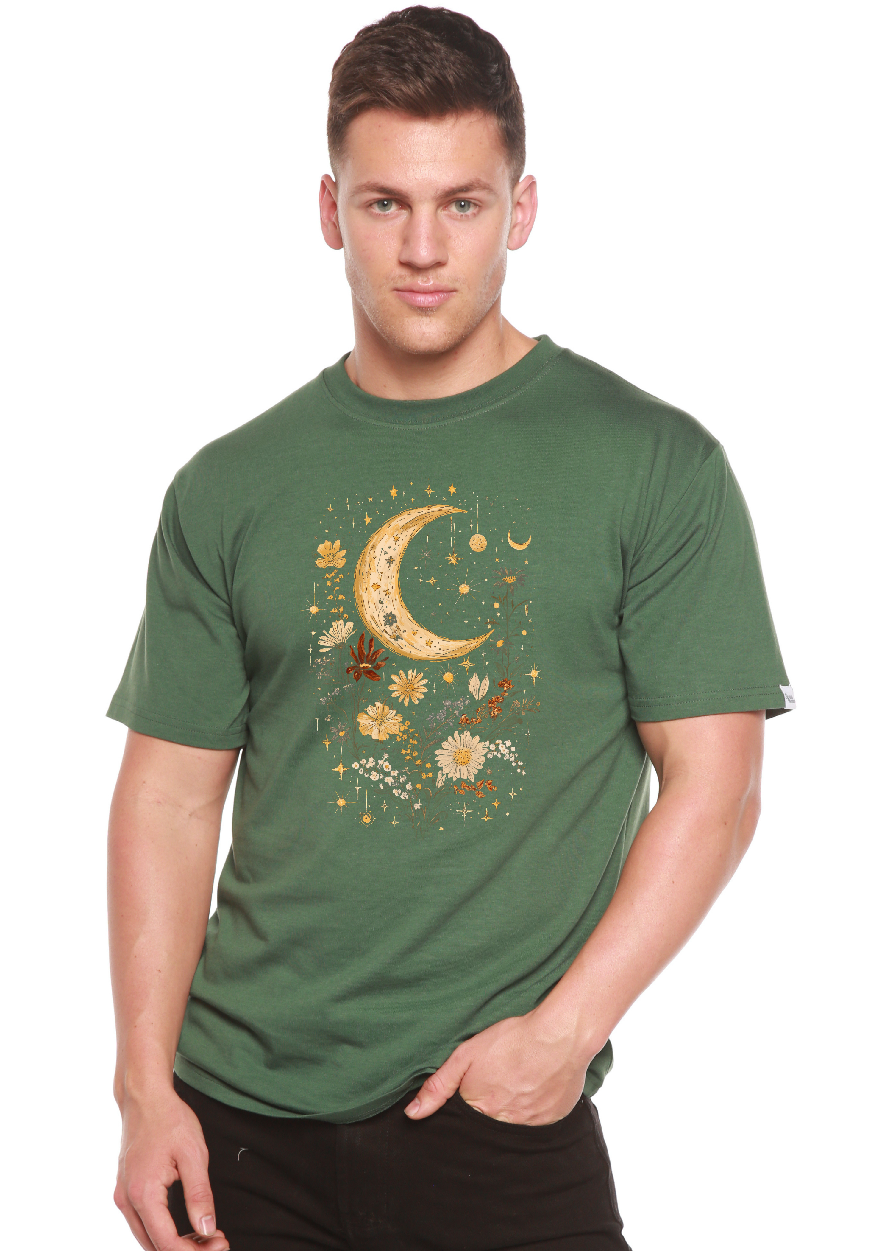 Celestial Moon Boho Flowers Vintage Unisex Bamboo/Cotton T-Shirt