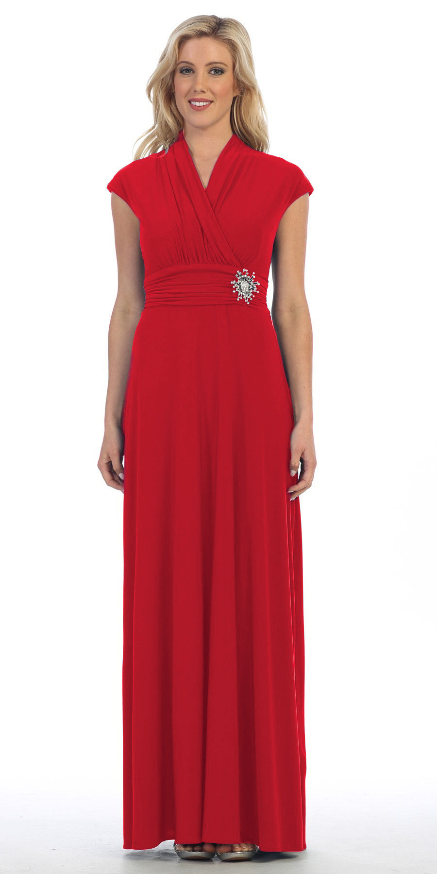 Red Chiffon A-Line Gown – Cap Sleeve Structured Length