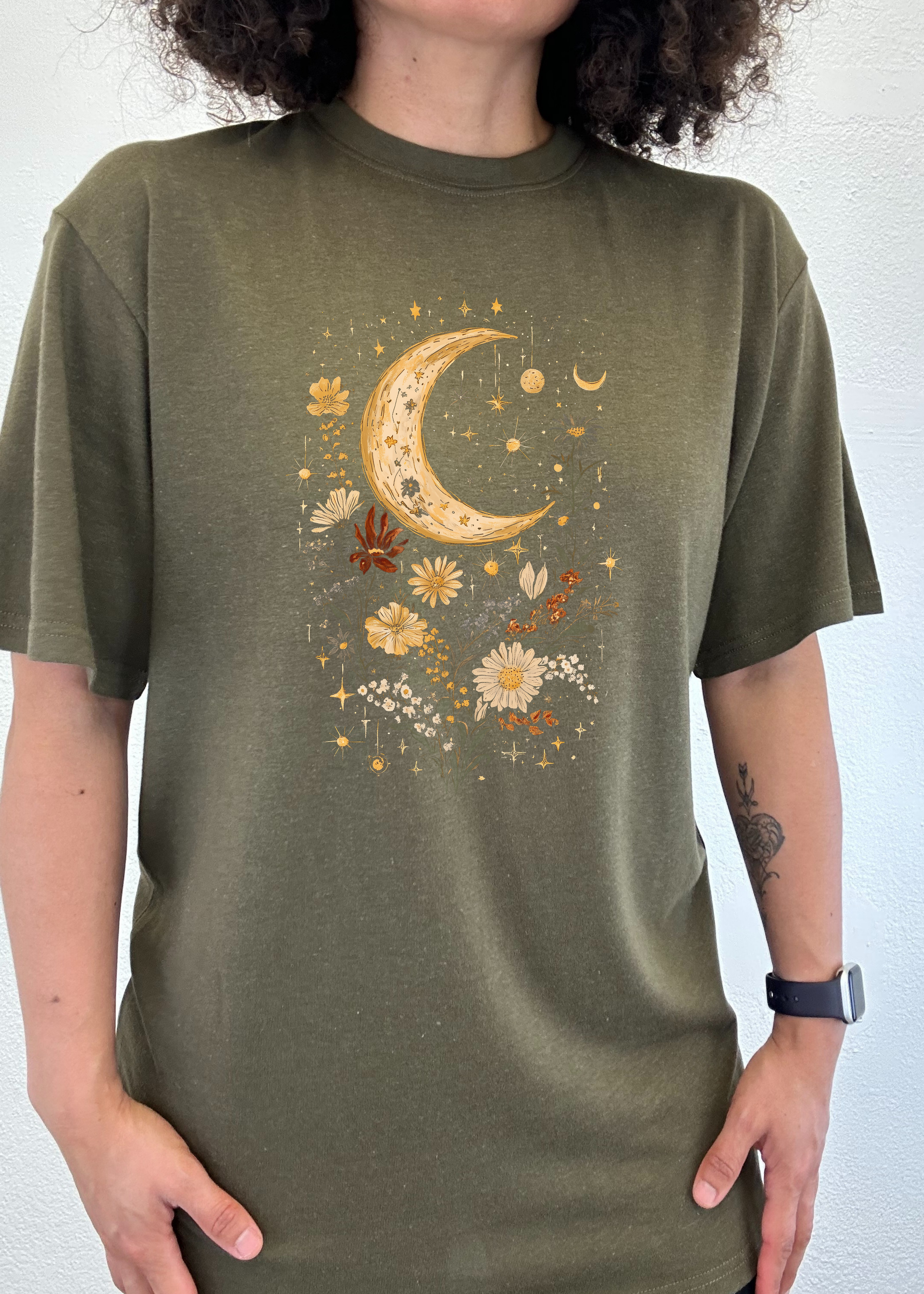 Celestial Moon Boho Flowers Vintage Unisex Bamboo/Cotton T-Shirt