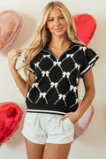 Heather - Black Chevron Pattern Bow Print Zipped Collar Sweater Top