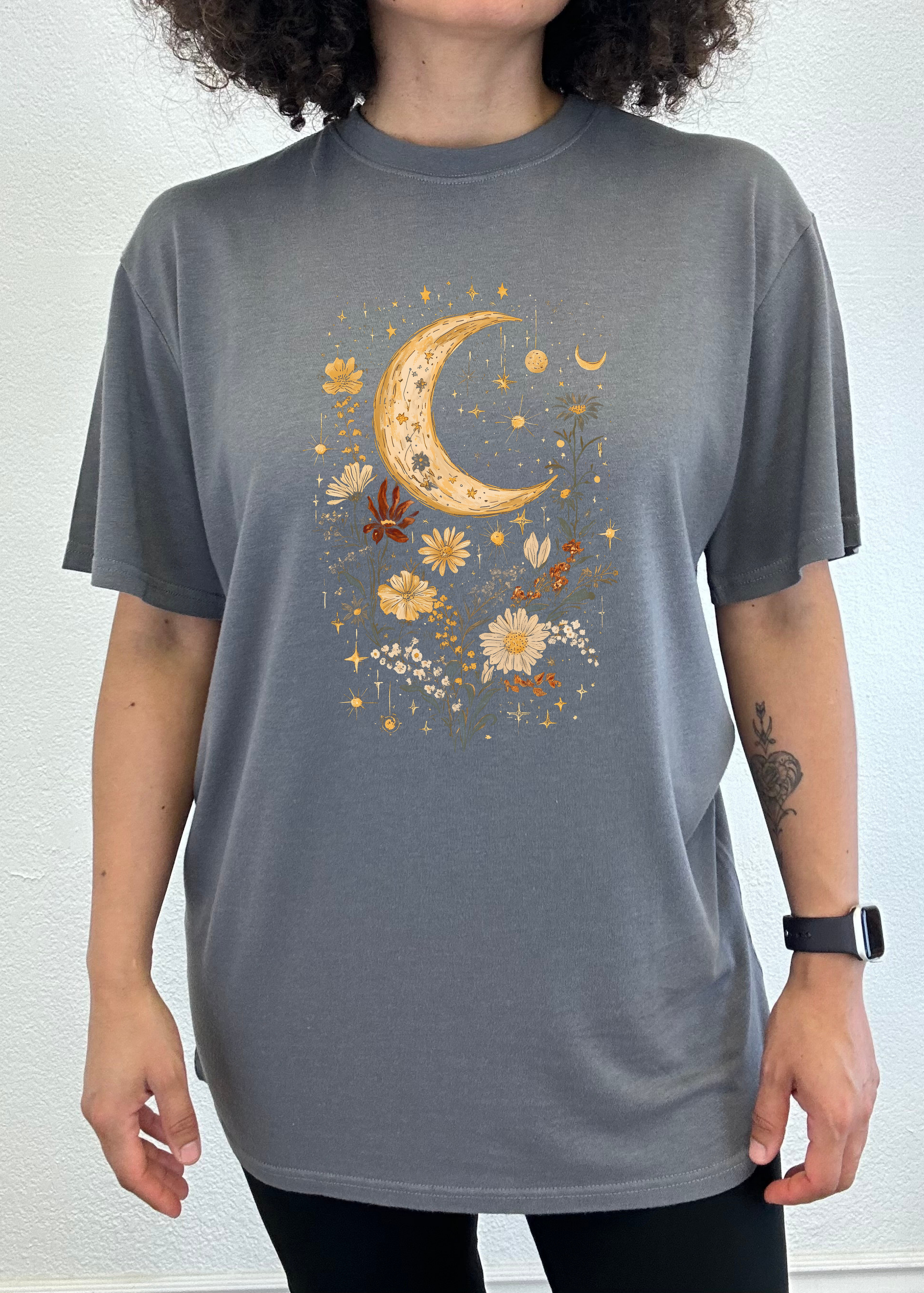 Celestial Moon Boho Flowers Vintage Unisex Bamboo/Cotton T-Shirt