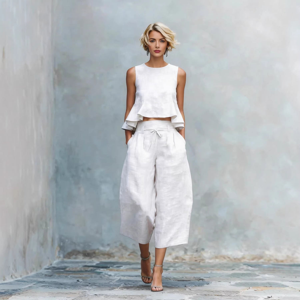 Women’s Linen-Blend Sleeveless Two Piece Set with Ruffled Detailing