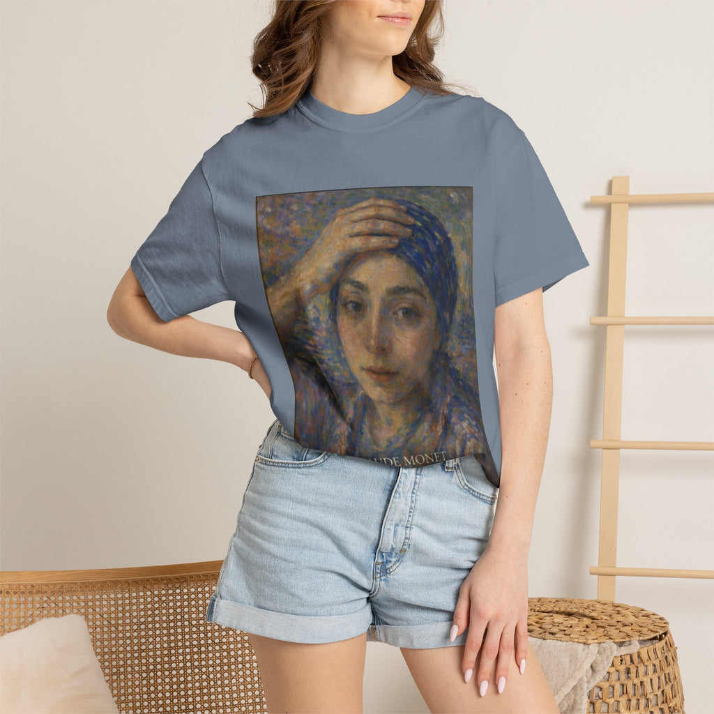Impressionist Portrait 'Girl with the Blue Scarf' — Claude Monet Unisex Print Tee