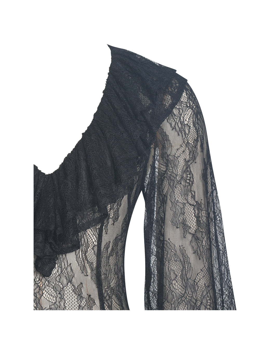 Taliah Black Sheer Lace Ruffled Collar Bodysuit