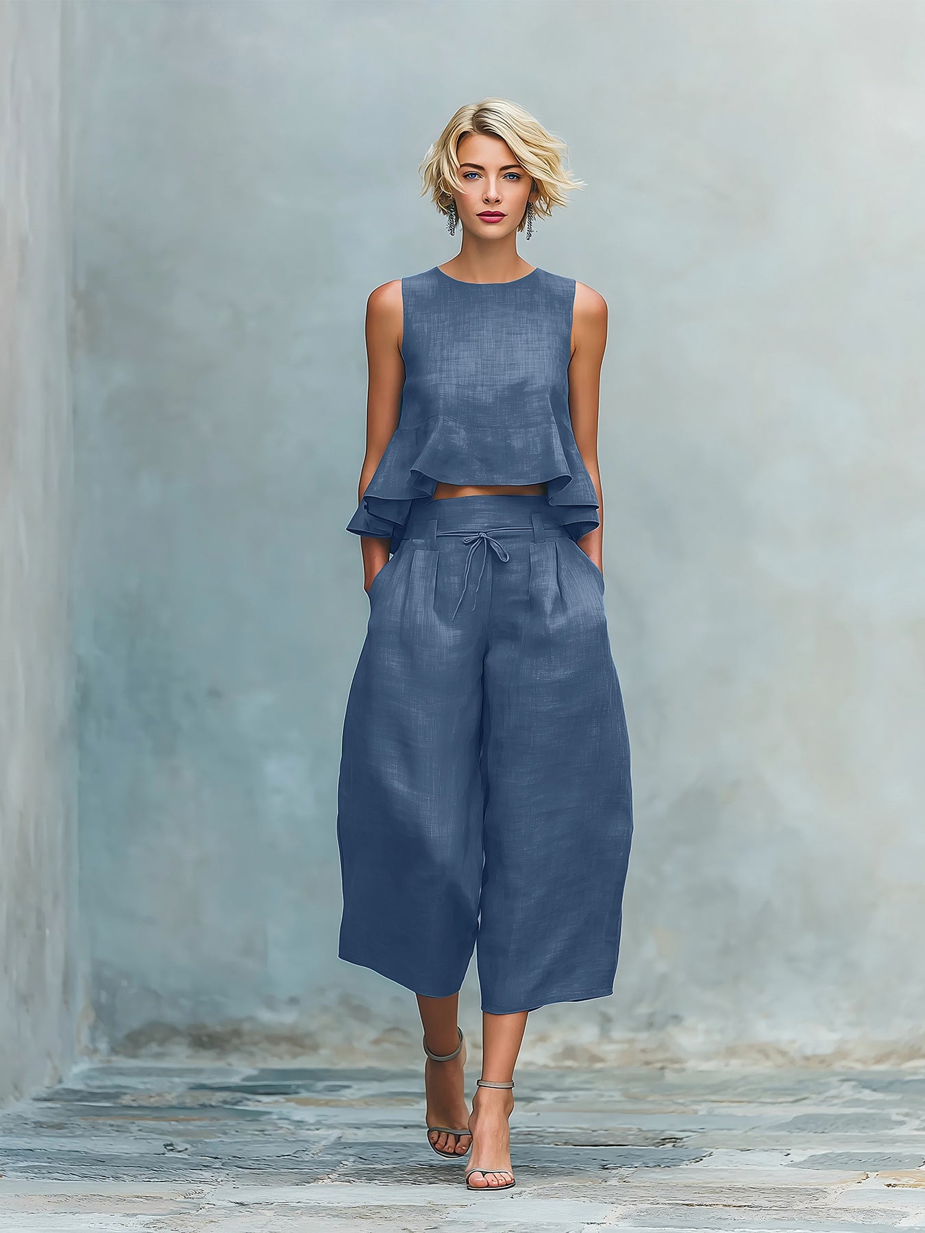 Women’s Linen-Blend Sleeveless Two Piece Set with Ruffled Detailing