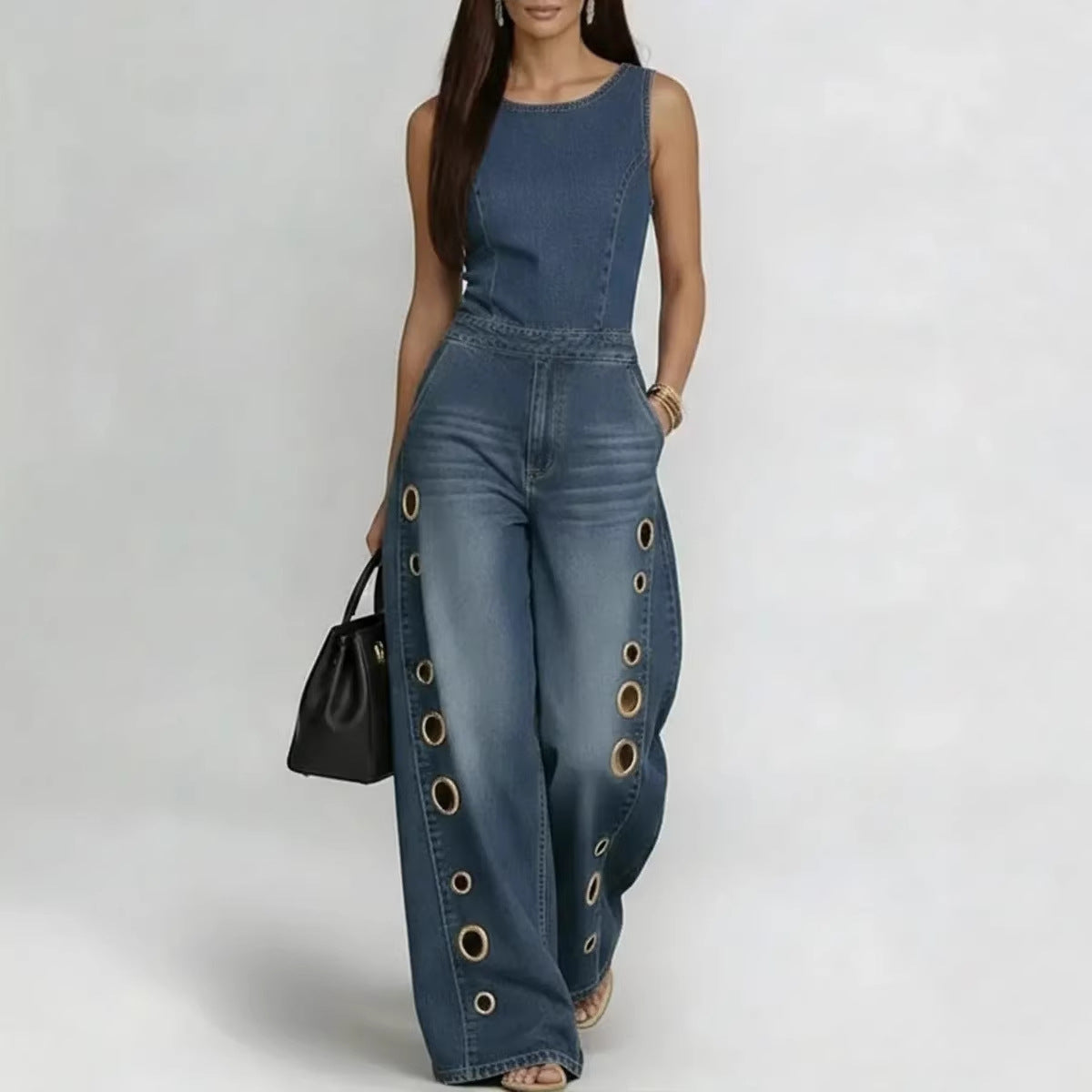 Women’s High-Waisted Sleeveless Denim Jumpsuit