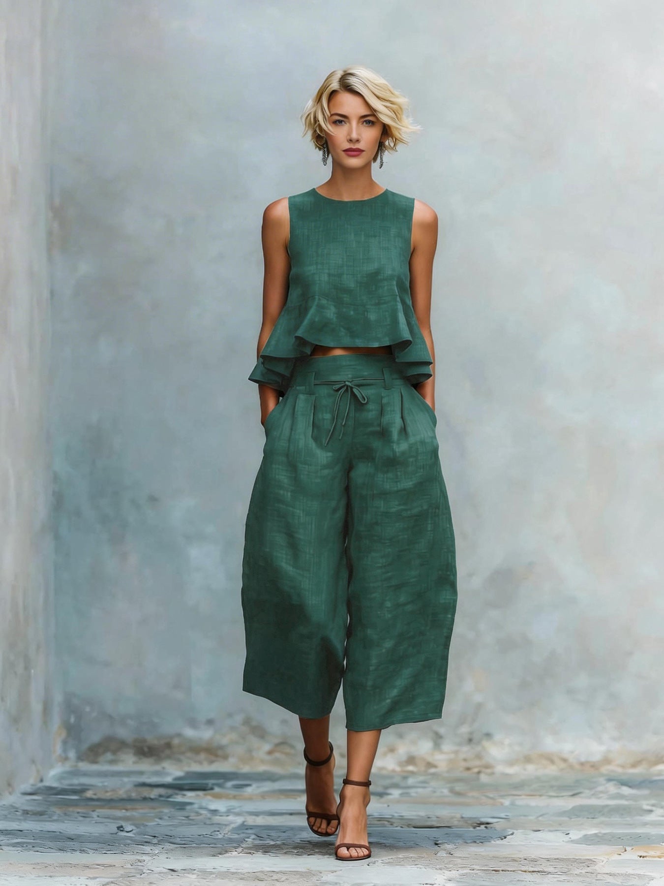 Women’s Linen-Blend Sleeveless Two Piece Set with Ruffled Detailing