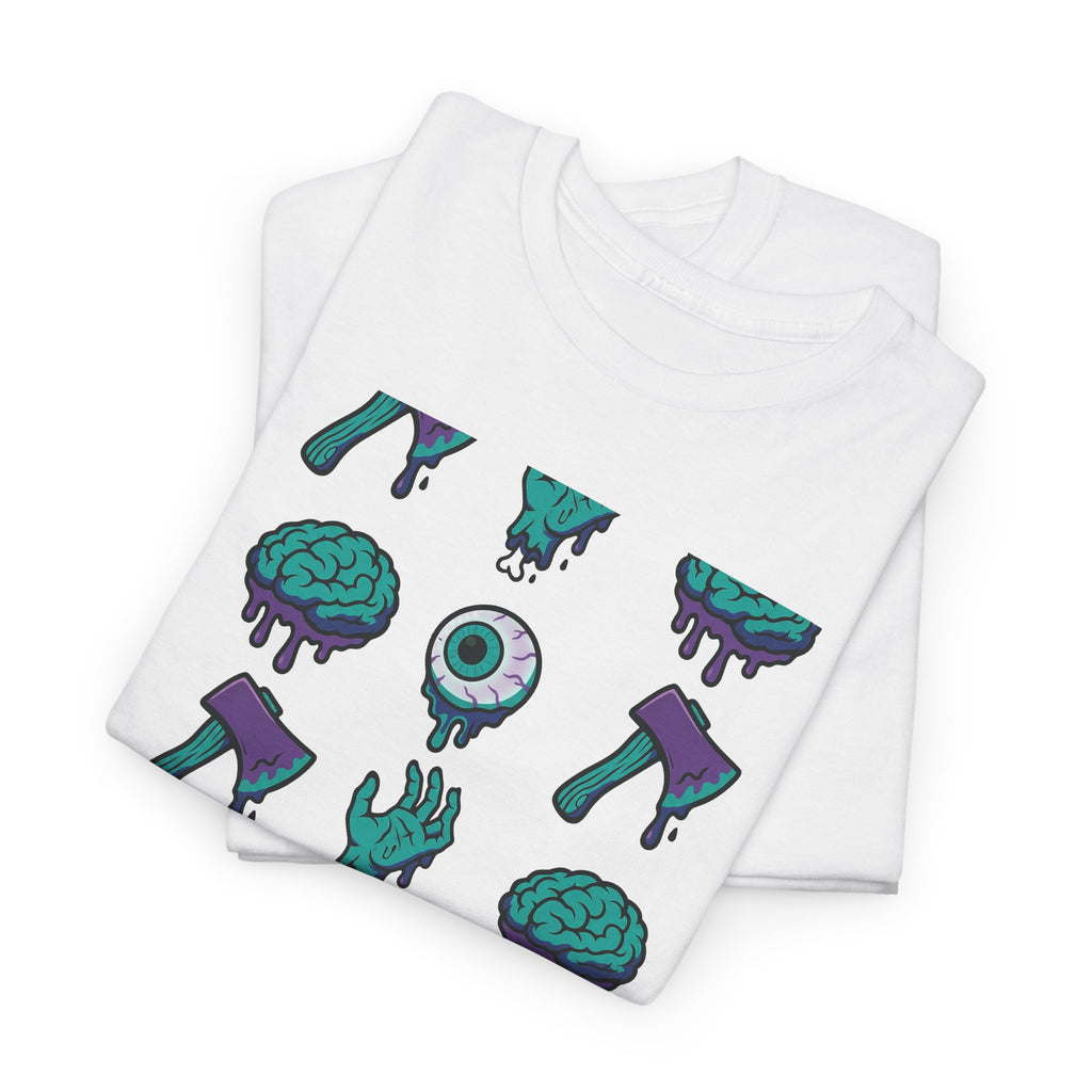 Horror Icons Pattern T-Shirt — Brains, Eyeballs & Axes Graphic Tee