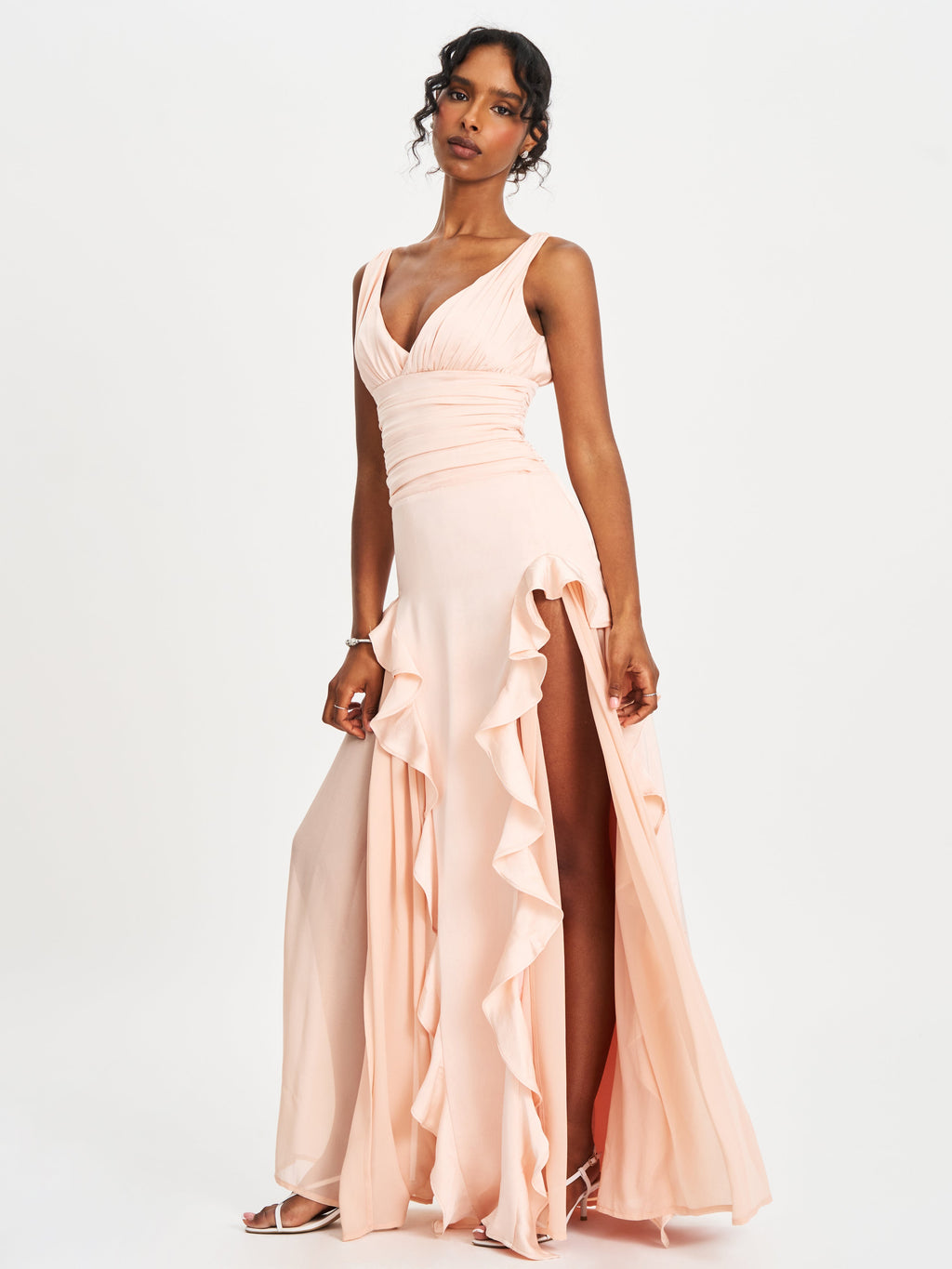 Talyssa Baby Pink Ruched Waist Double High Slit Maxi Gown (Archive Sale)