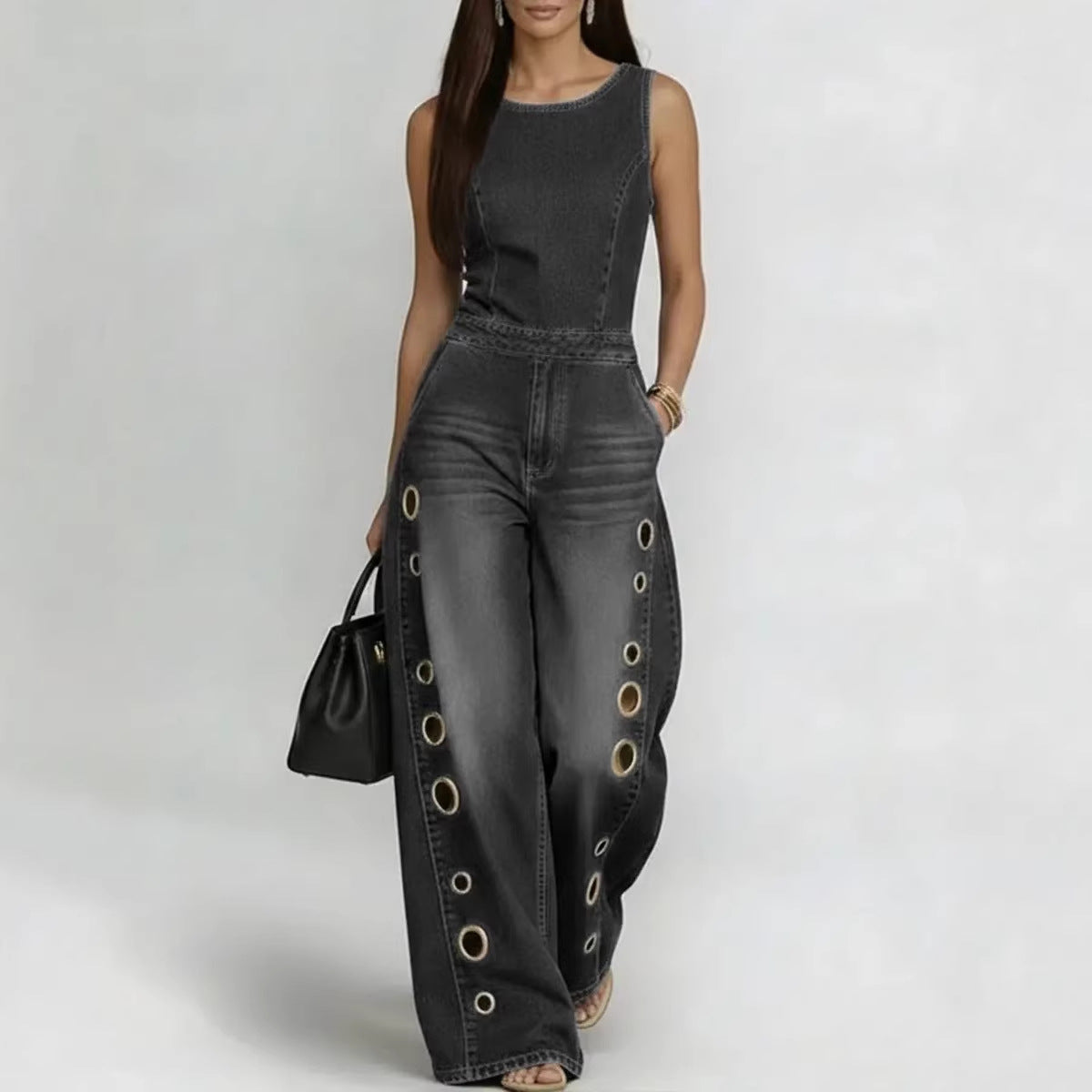 Women’s High-Waisted Sleeveless Denim Jumpsuit