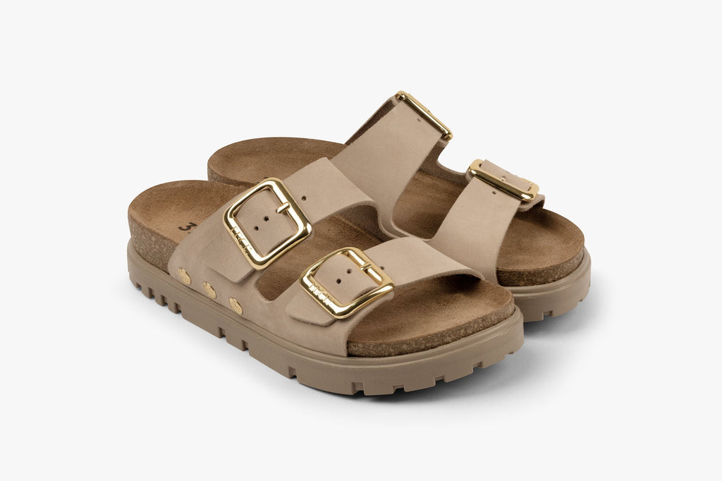 Portofino II Women's Leather Sandal - Double Strap Slide with Cork-style Footbed & Adjustable Buckle