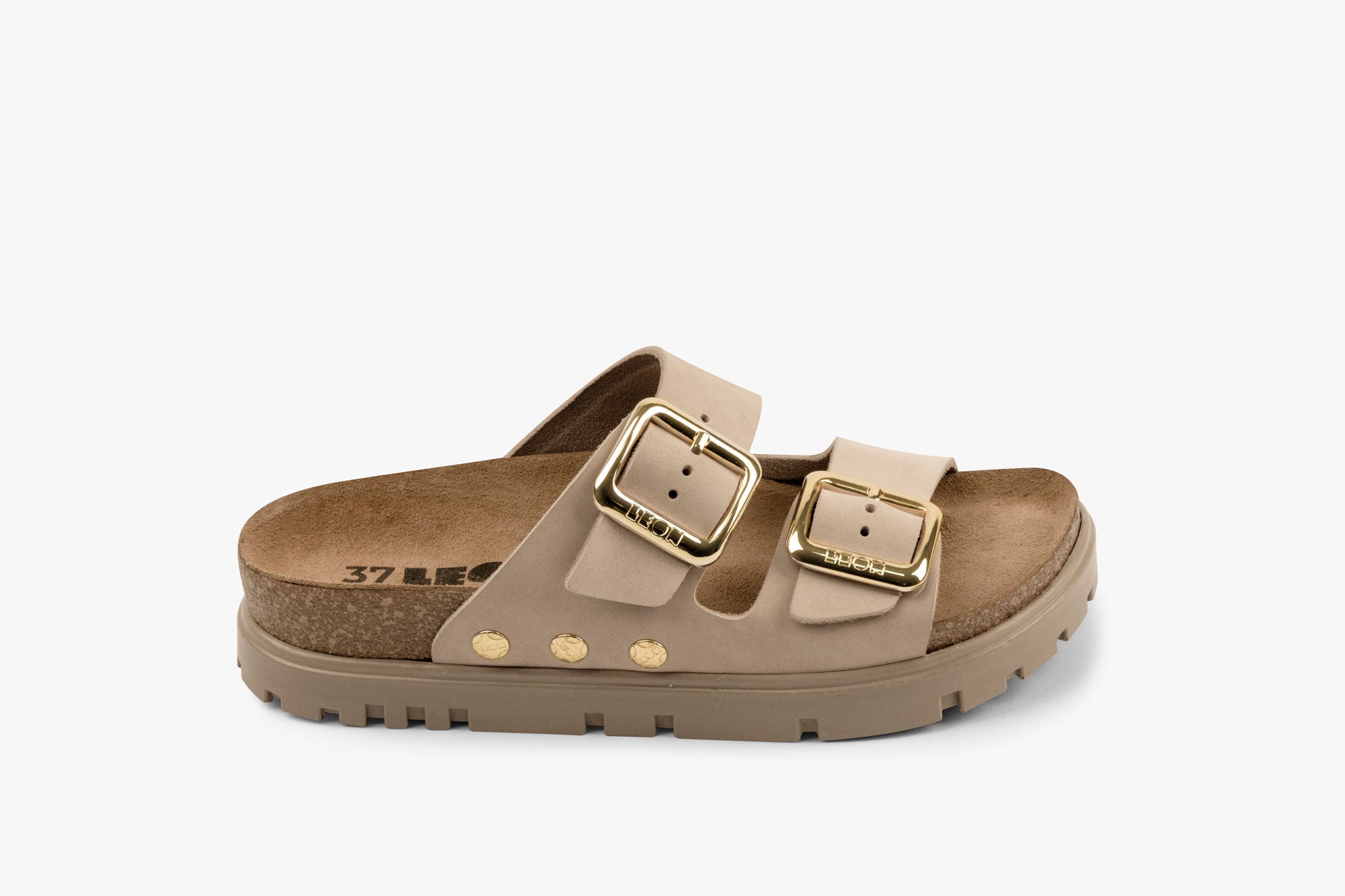 Portofino II Women's Leather Sandal - Double Strap Slide with Cork-style Footbed & Adjustable Buckle
