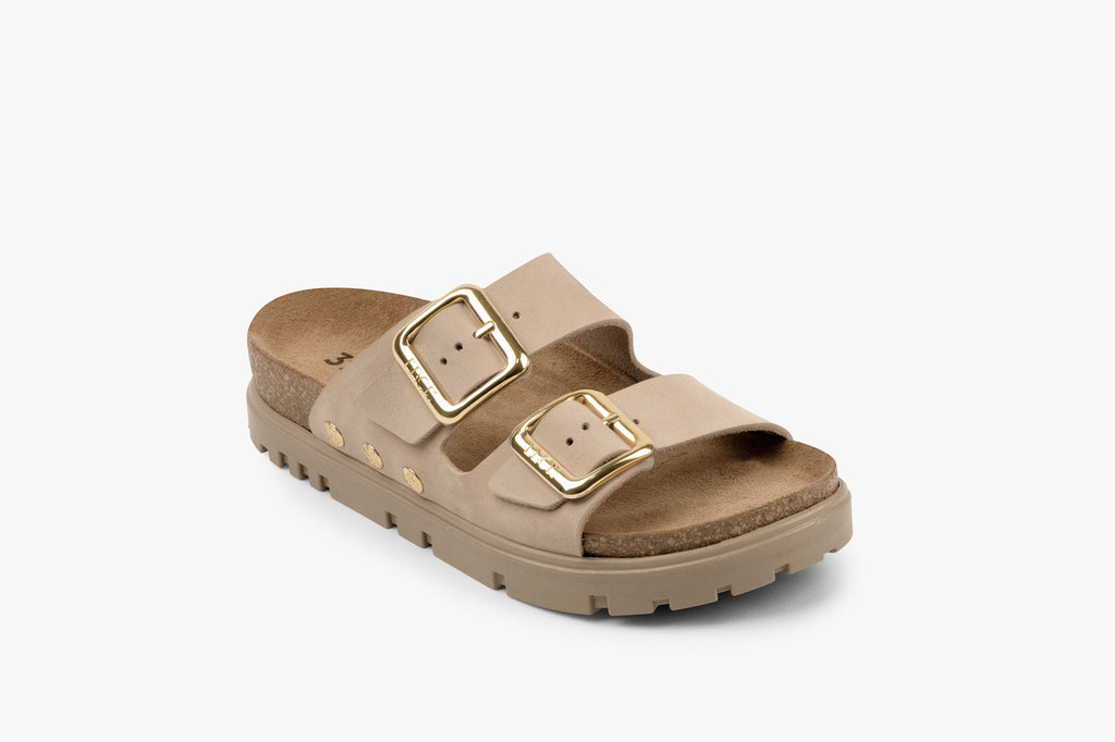 Portofino II Women's Leather Sandal - Double Strap Slide with Cork-style Footbed & Adjustable Buckle