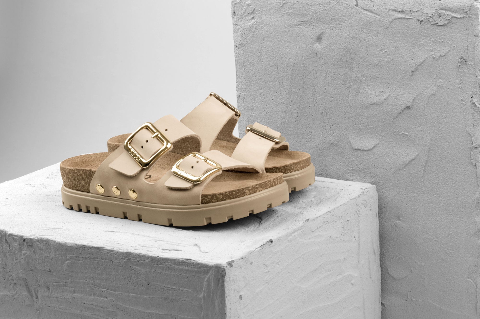 Portofino II Women's Leather Sandal - Double Strap Slide with Cork-style Footbed & Adjustable Buckle