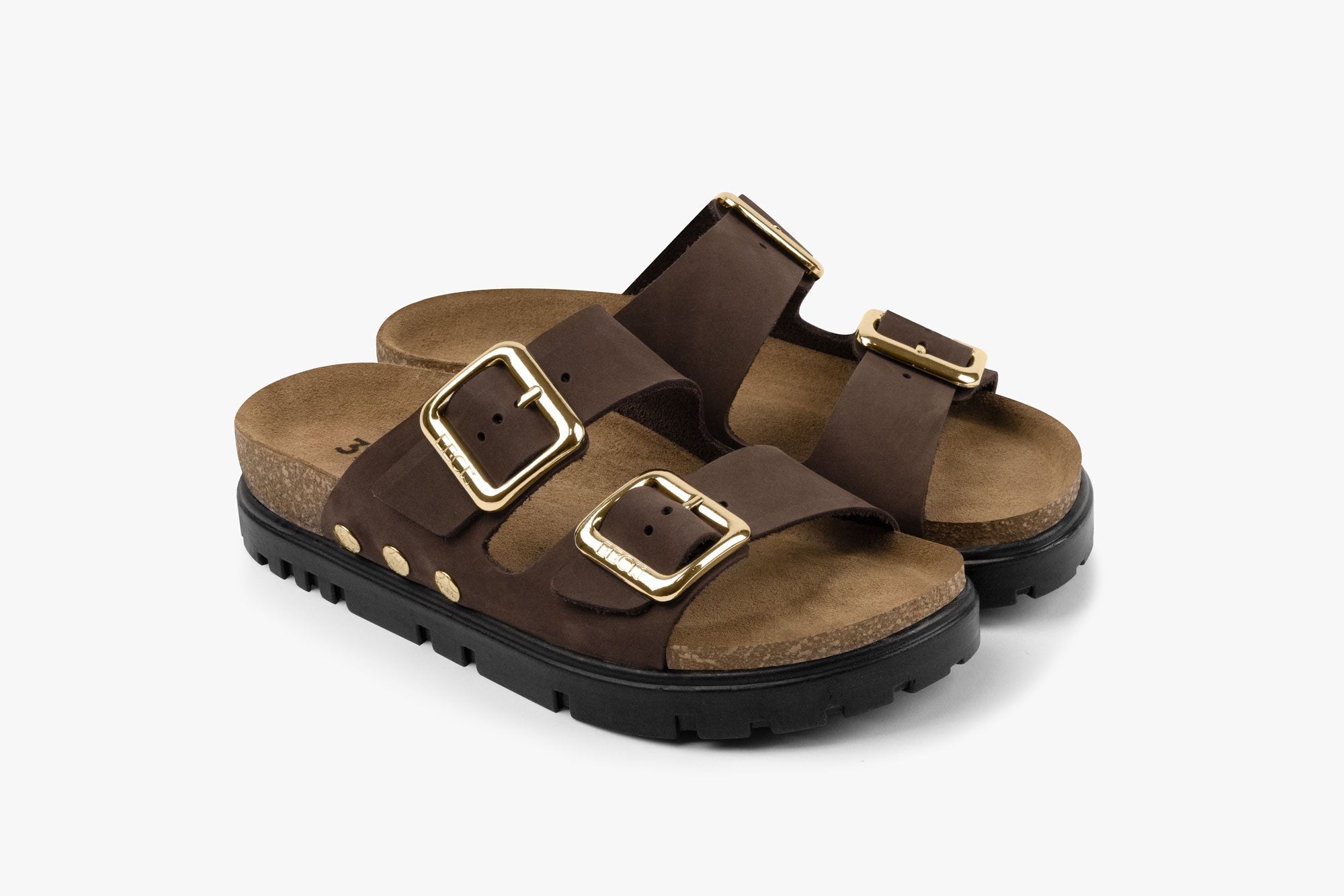 Portofino II Women's Leather Sandal - Double Strap Slide with Cork-style Footbed & Adjustable Buckle