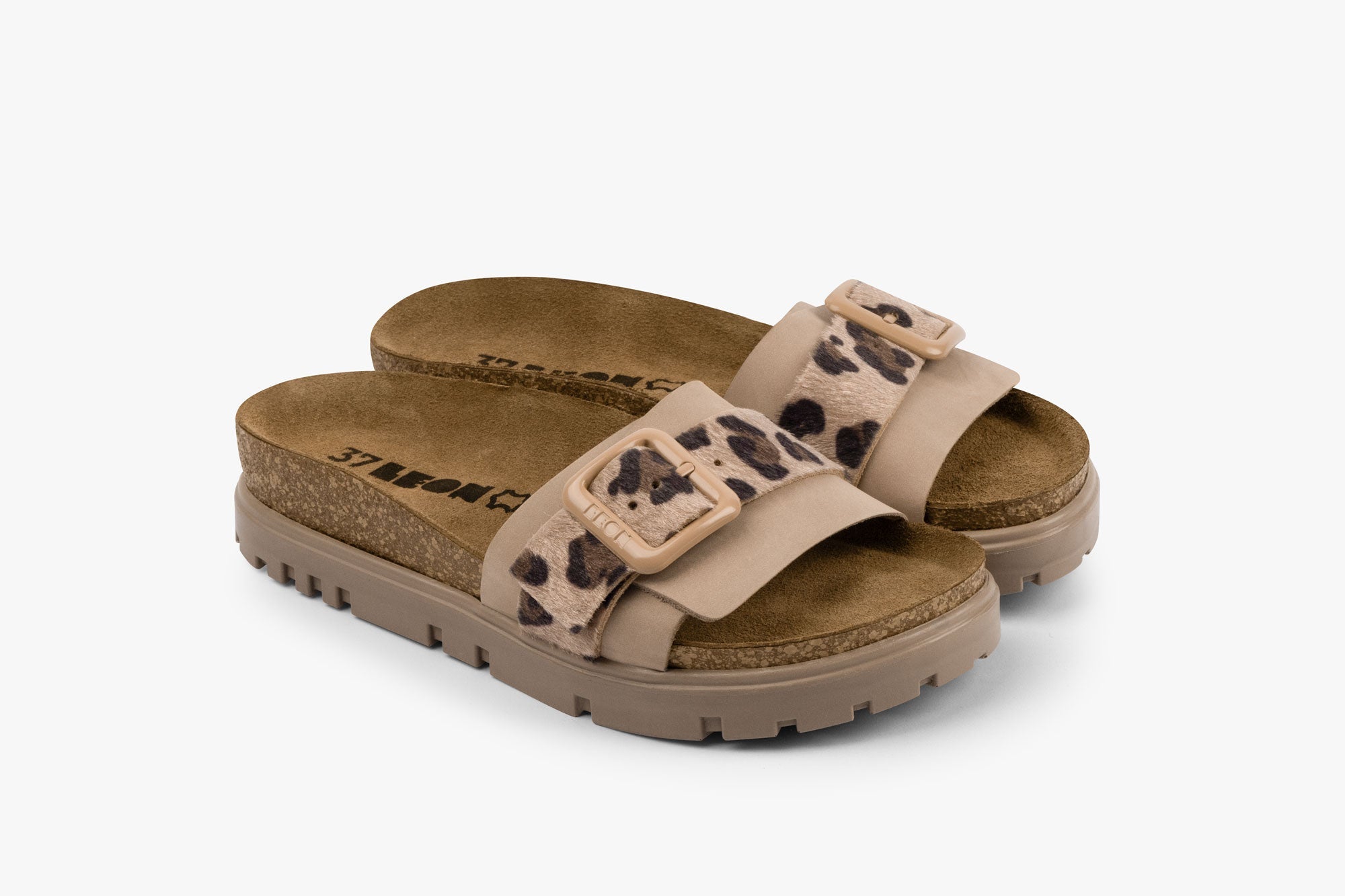 Tessa Women's Leather Sandal - Layered Strap Slide with Cork-style Footbed & Adjustable Buckle