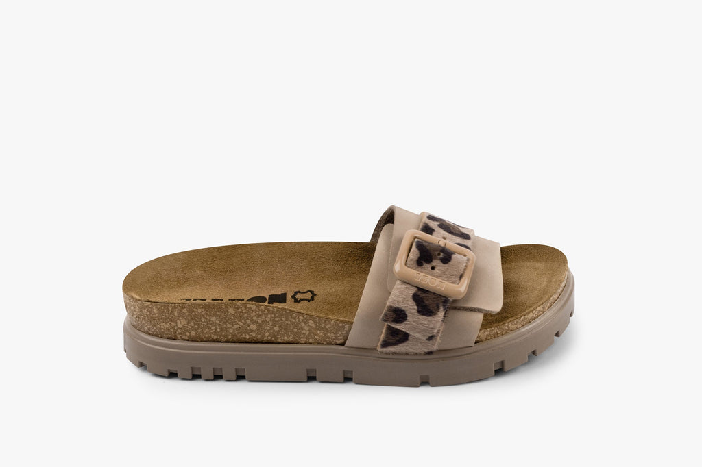 Tessa Women's Leather Sandal - Layered Strap Slide with Cork-style Footbed & Adjustable Buckle