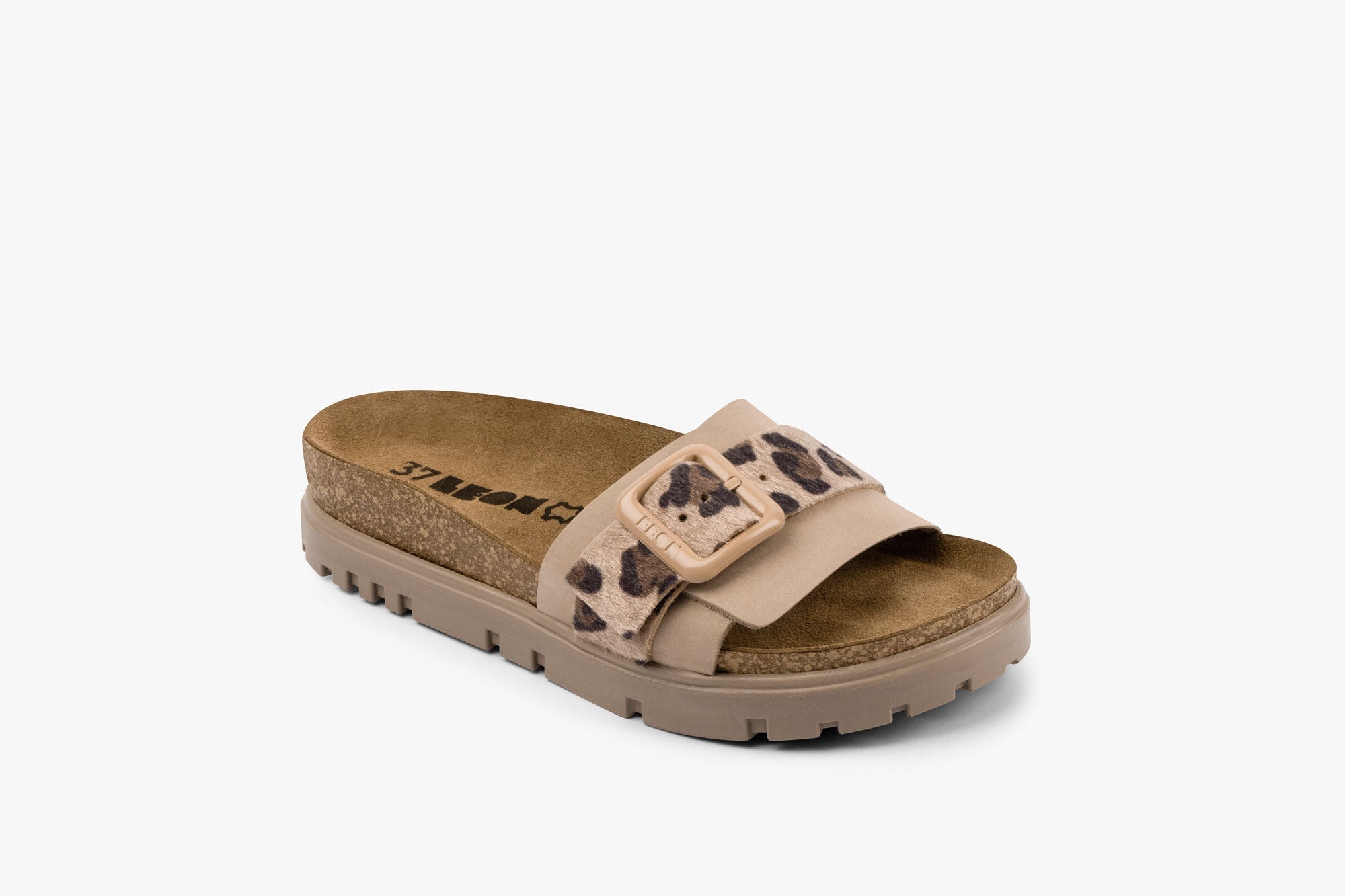 Tessa Women's Leather Sandal - Layered Strap Slide with Cork-style Footbed & Adjustable Buckle
