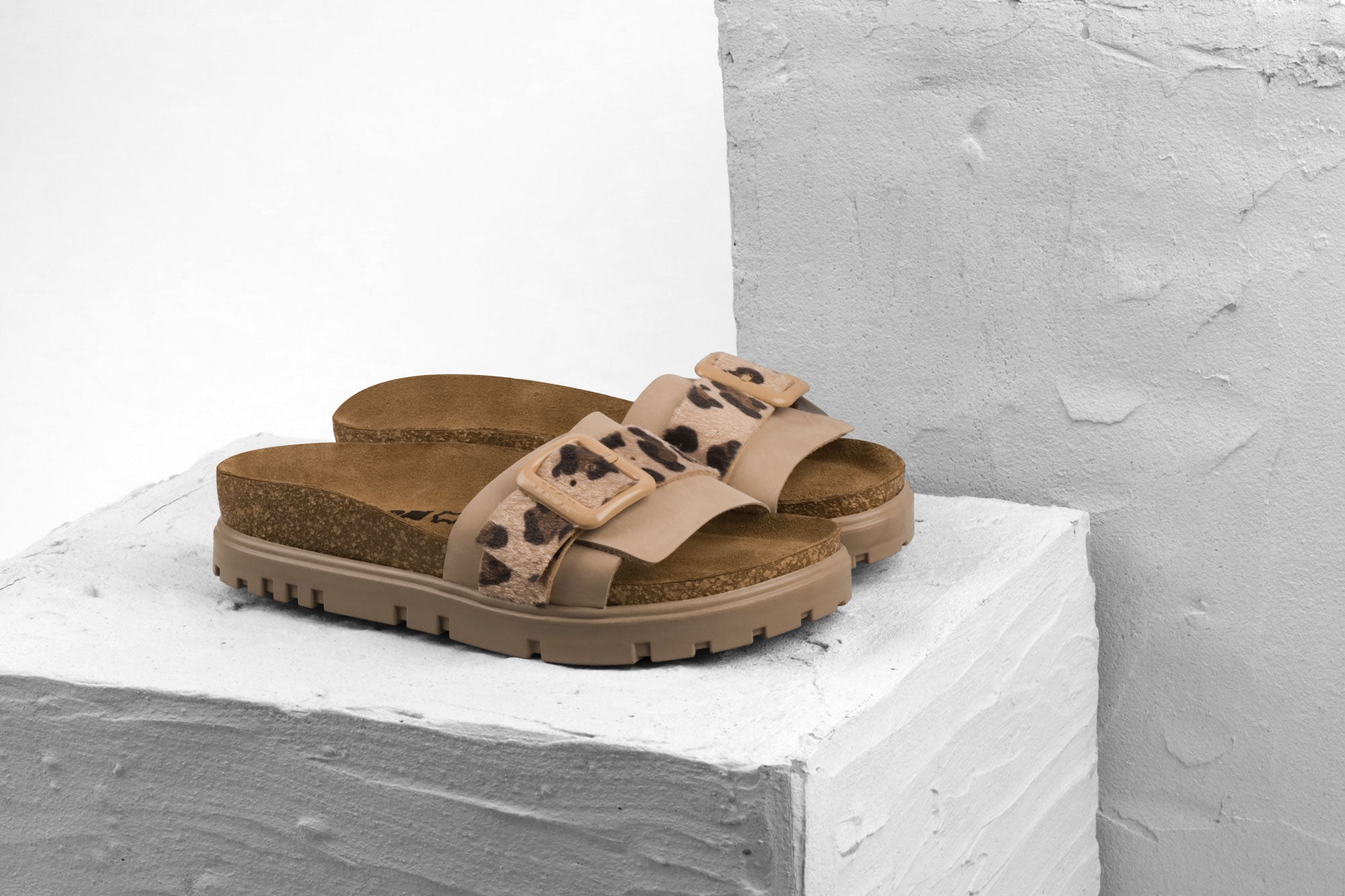 Tessa Women's Leather Sandal - Layered Strap Slide with Cork-style Footbed & Adjustable Buckle