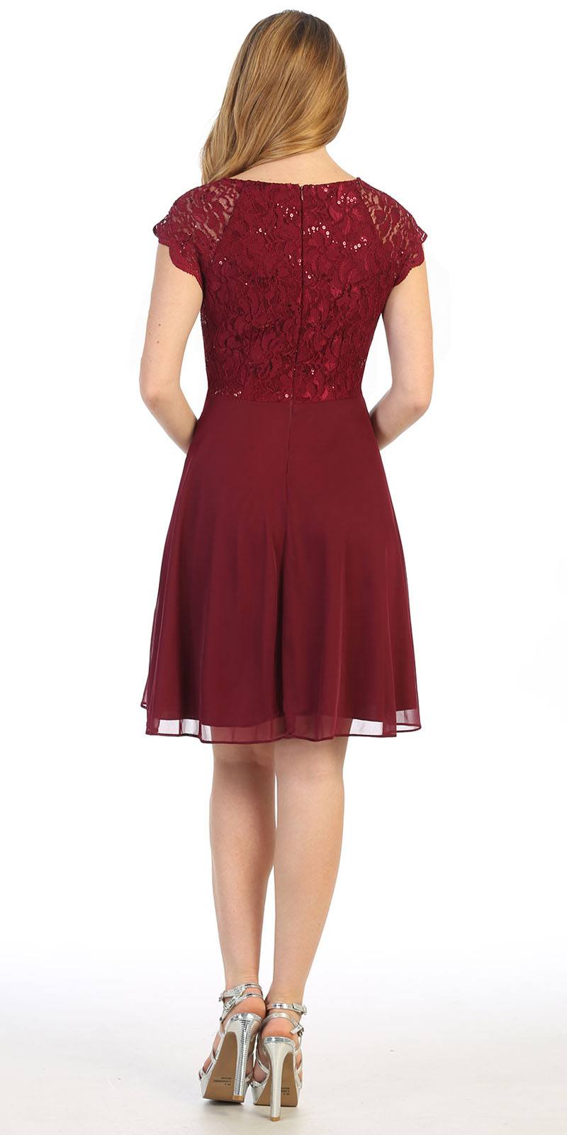 Burgundy Embellished Dress – Short Sleeve Structured Waist