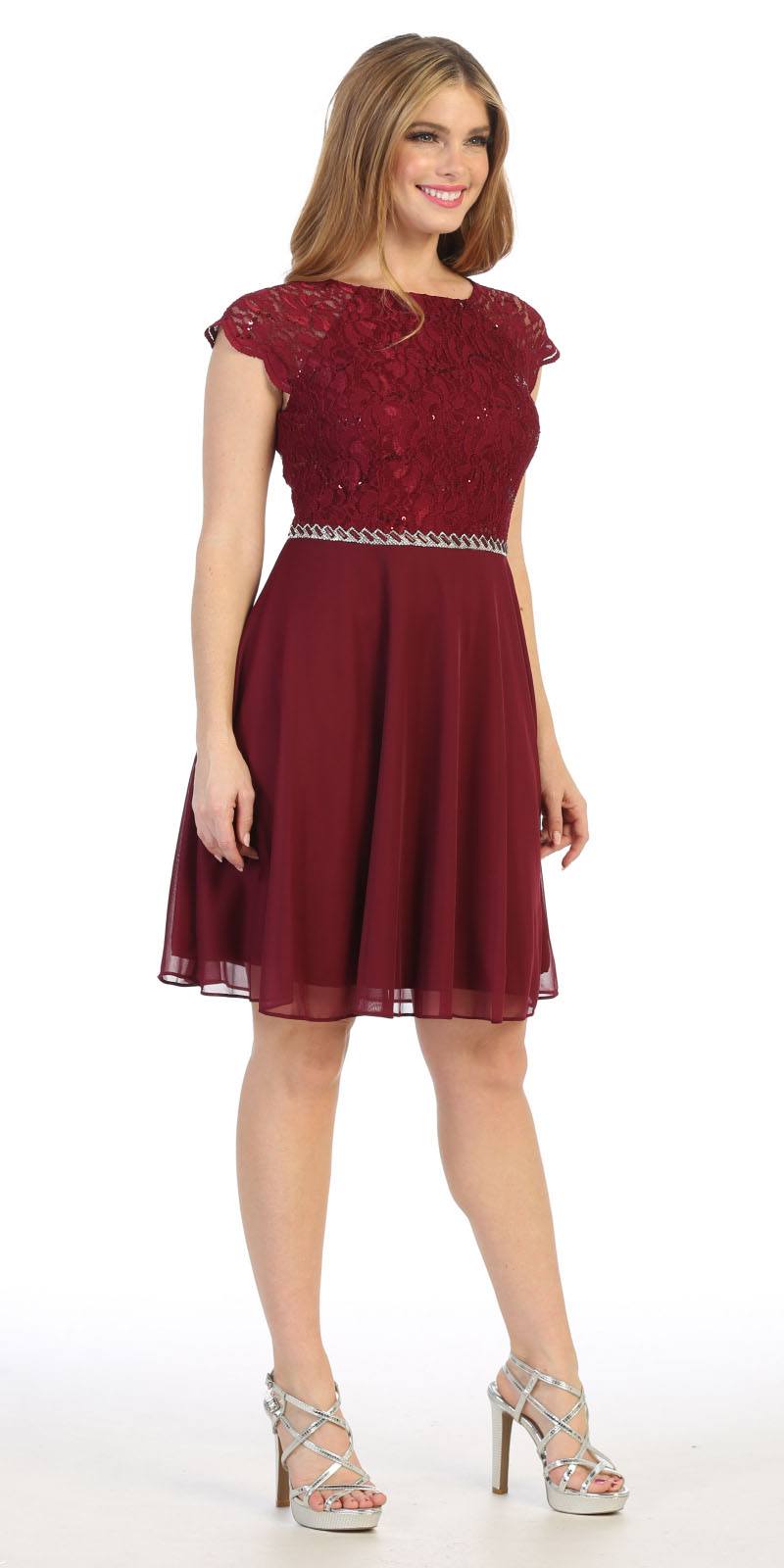 Burgundy Embellished Dress – Short Sleeve Structured Waist