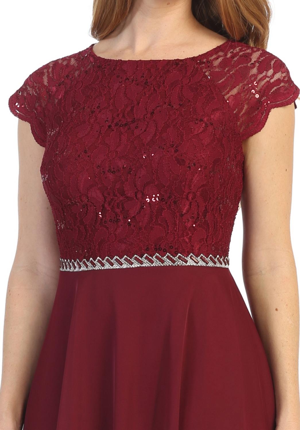 Burgundy Embellished Dress – Short Sleeve Structured Waist
