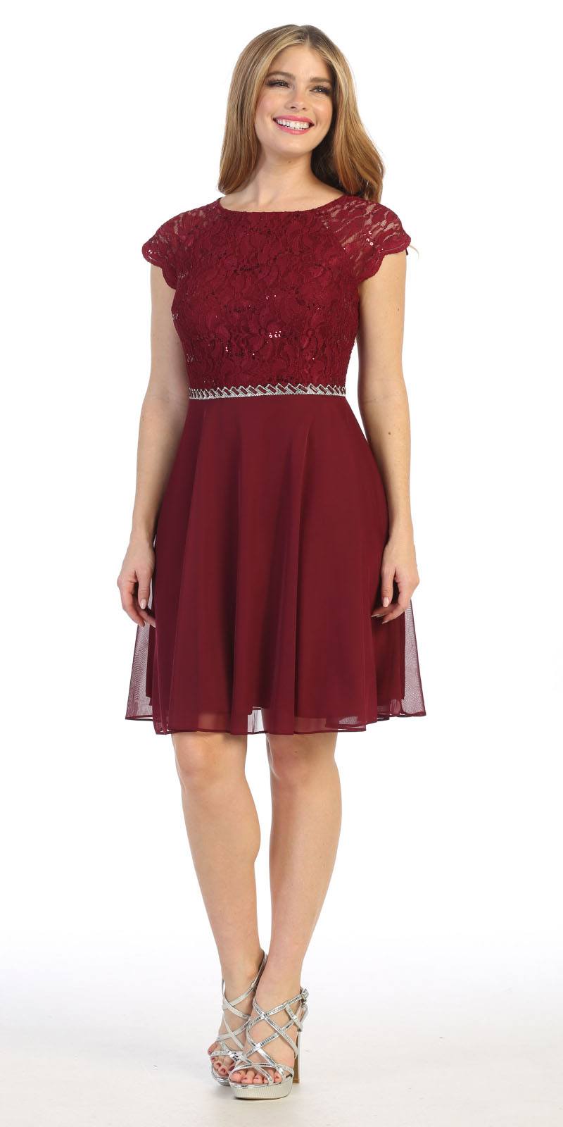 Burgundy Embellished Dress – Short Sleeve Structured Waist
