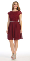 Burgundy Embellished Dress – Short Sleeve Structured Waist